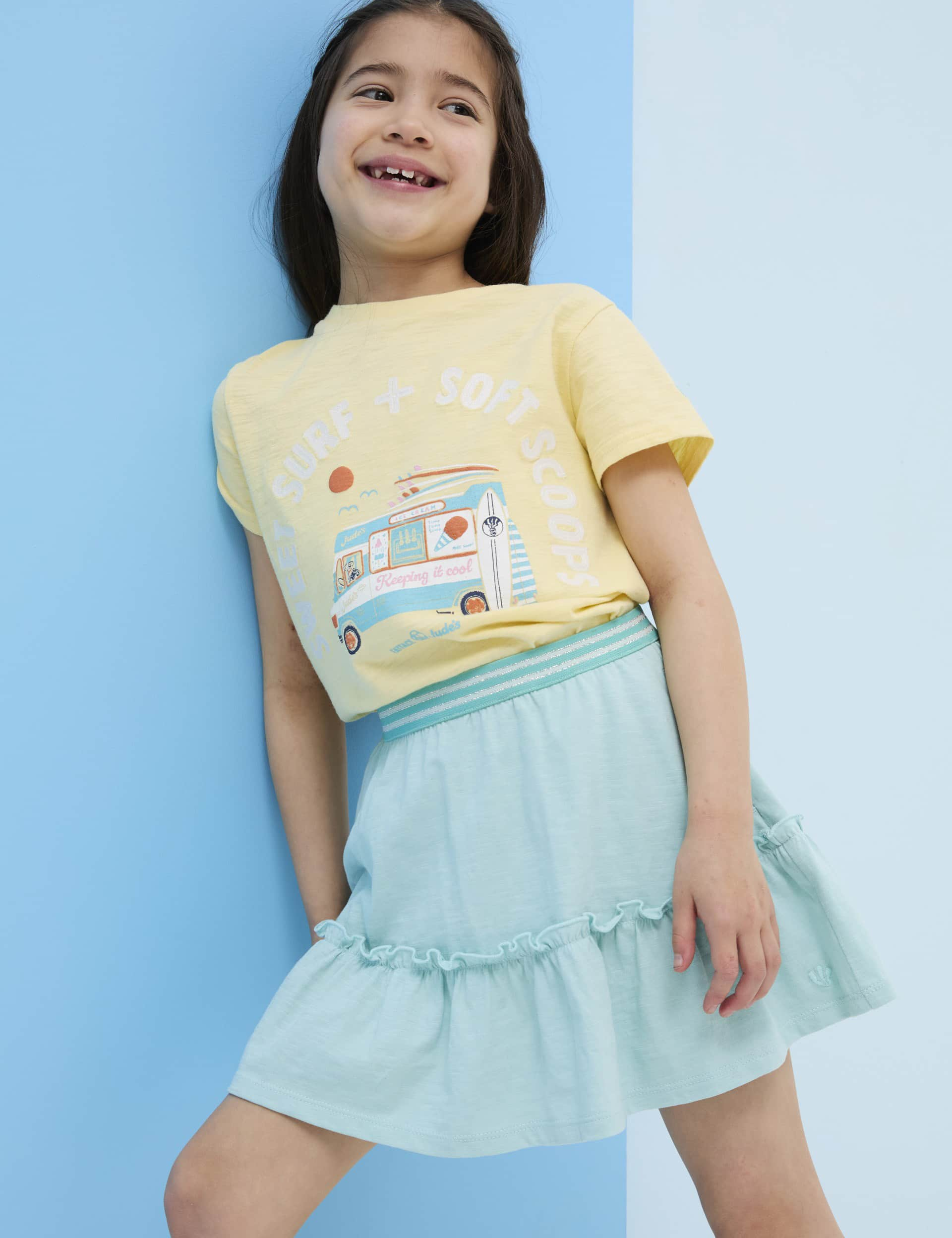 Fatface Girls Pure Cotton Ice Cream T-Shirt (3-13 Yrs) - 6-7 Y - Yellow Mix, Yellow Mix