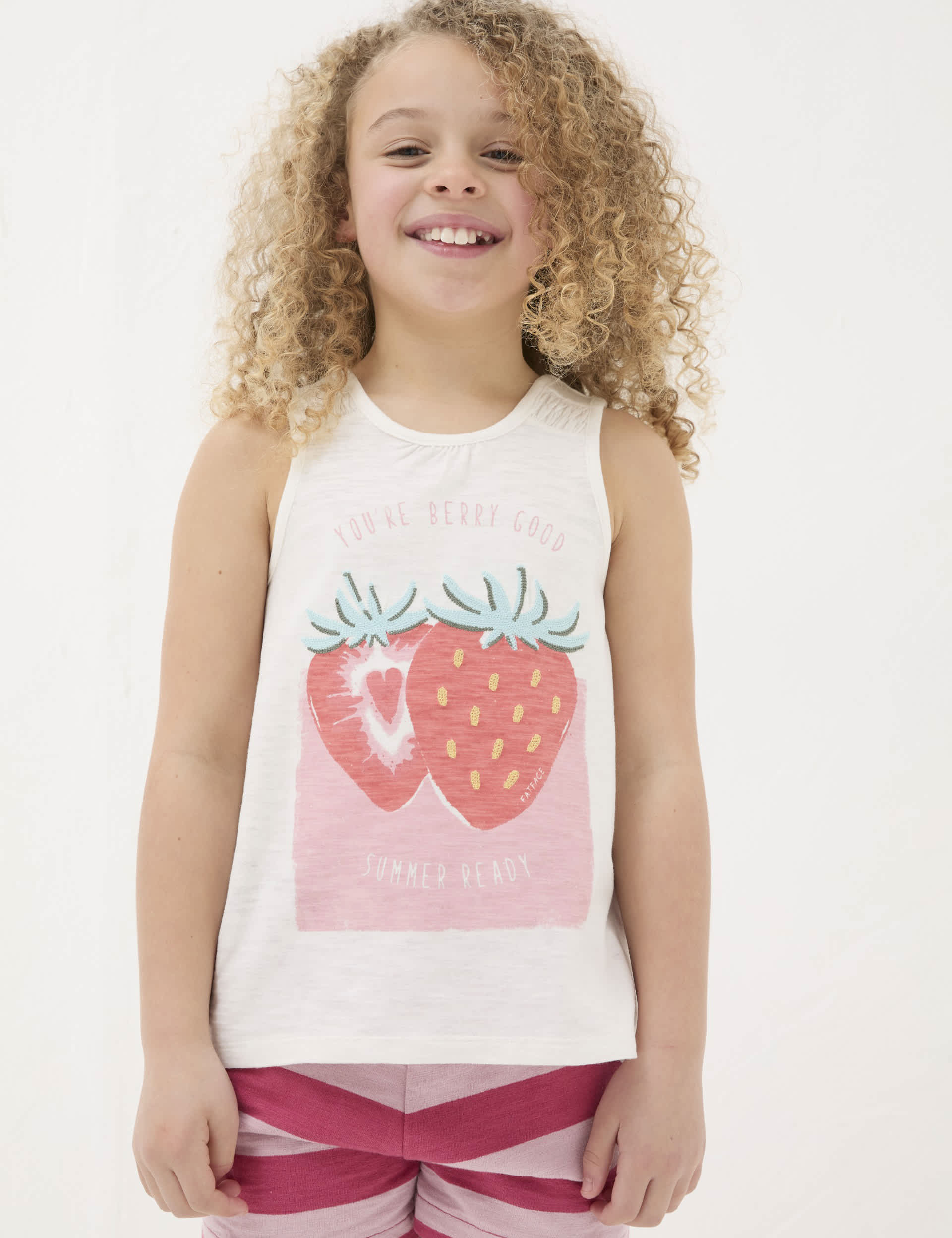 Fatface Girls Pure Cotton Strawberry Vest (3-13 Yrs) - 4-5 Y - Natural Mix, Natural Mix