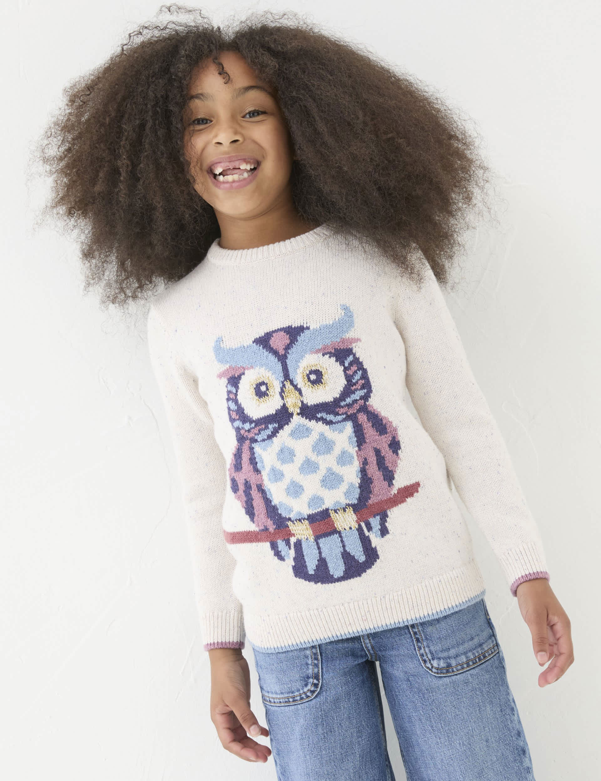 Fatface Girls Cotton Rich Knitted Owl Jumper (3-13 Yrs) - 12-13 - Ivory Mix, Ivory Mix