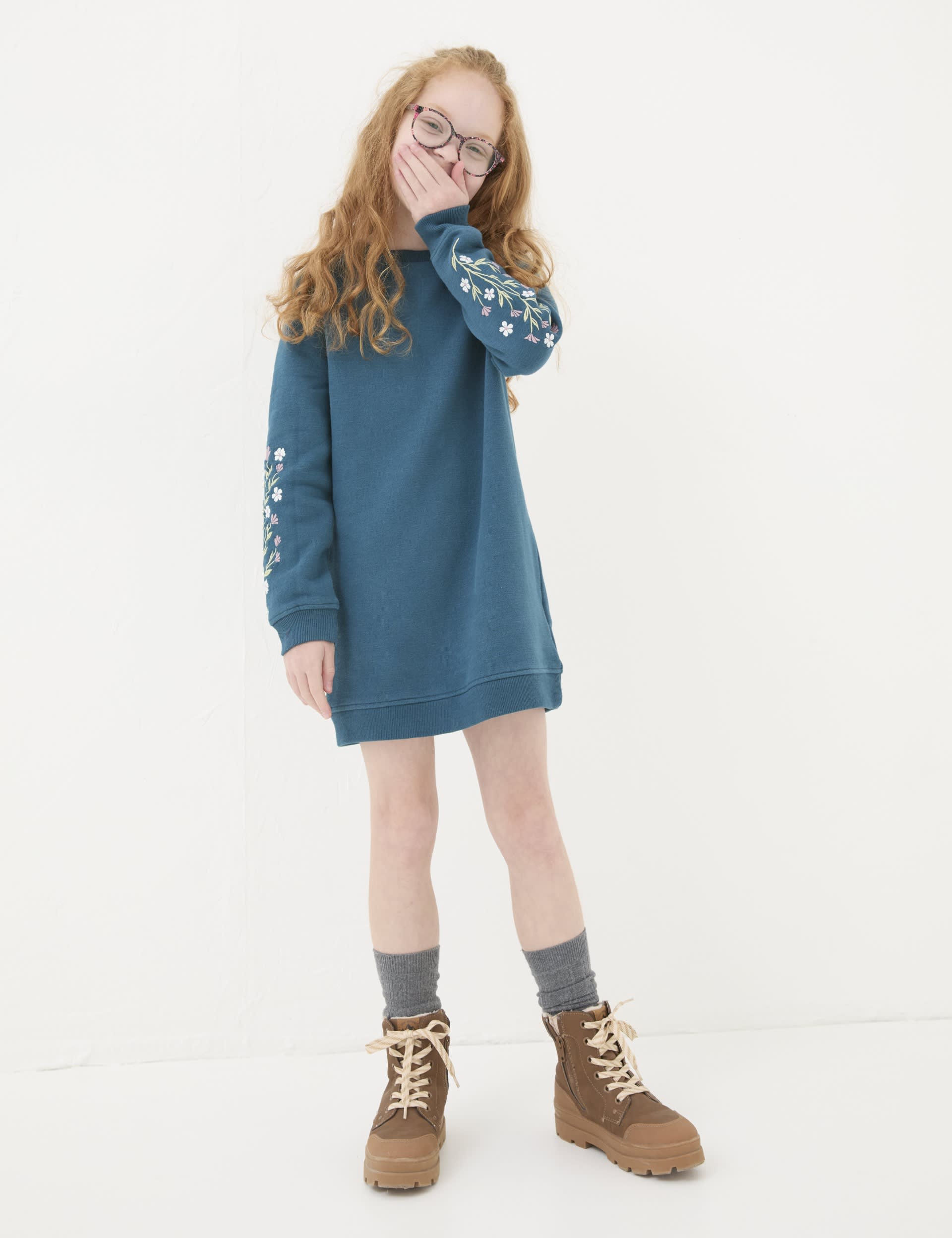 Fatface Girls Cotton Rich Embroidered Sweater Dress (3-13 Yrs) - 10-11 - Blue Mix, Blue Mix