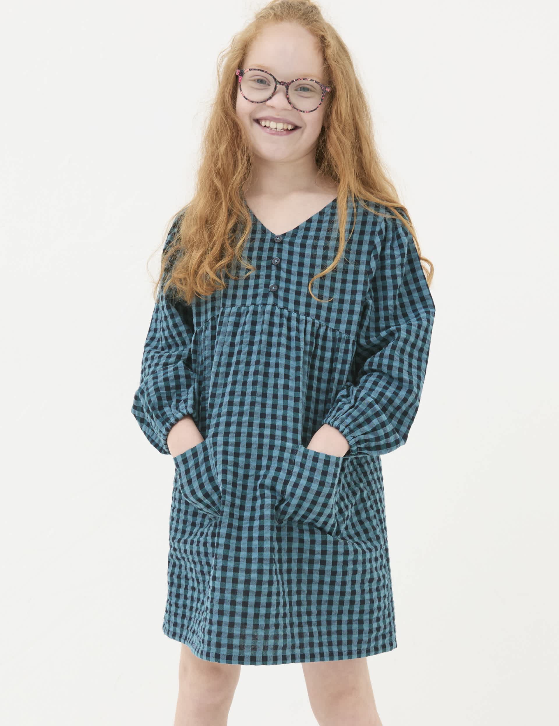 Fatface Girls Pure Cotton Gingham Dress (3-13 Yrs) - 9-10Y - Teal Mix, Teal Mix