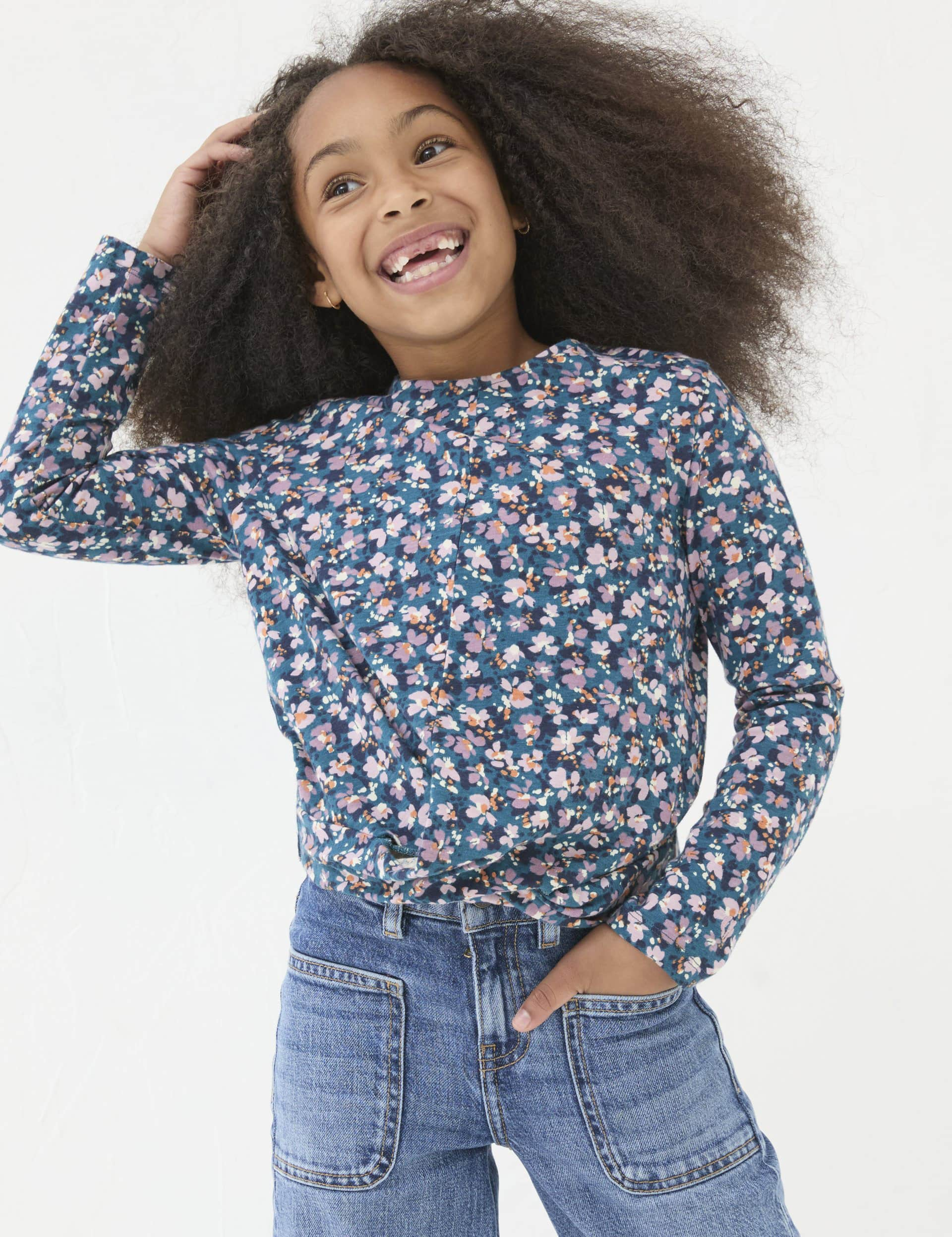 Fatface Girls Pure Cotton Floral T-Shirt (3 - 13 Yrs) - 7-8 Y - Blue Mix, Blue Mix