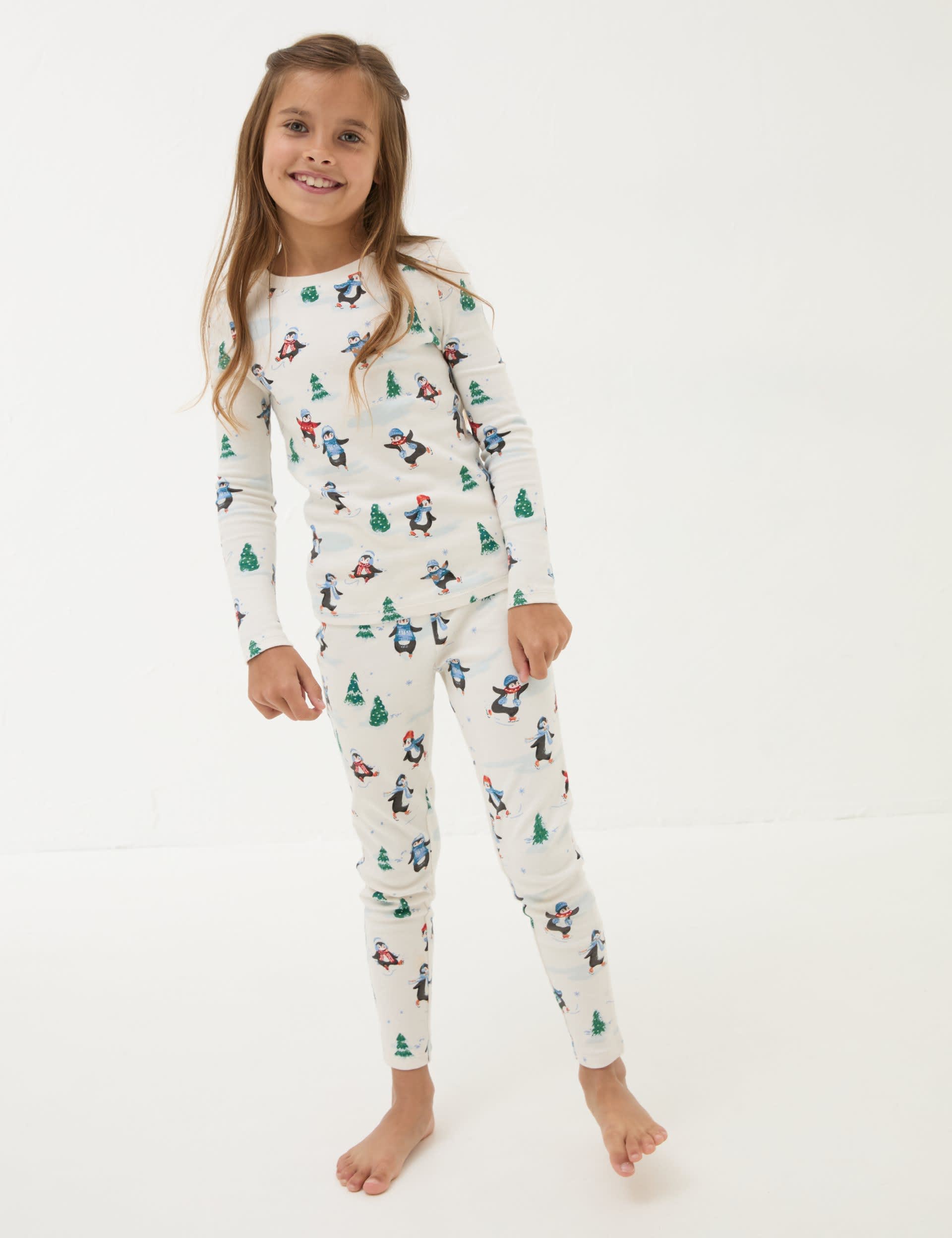 Fatface Girls Pure Cotton Christmas Penguin Pyjamas (3-13 Yrs) - 4-5 Y - Ivory Mix, Ivory Mix