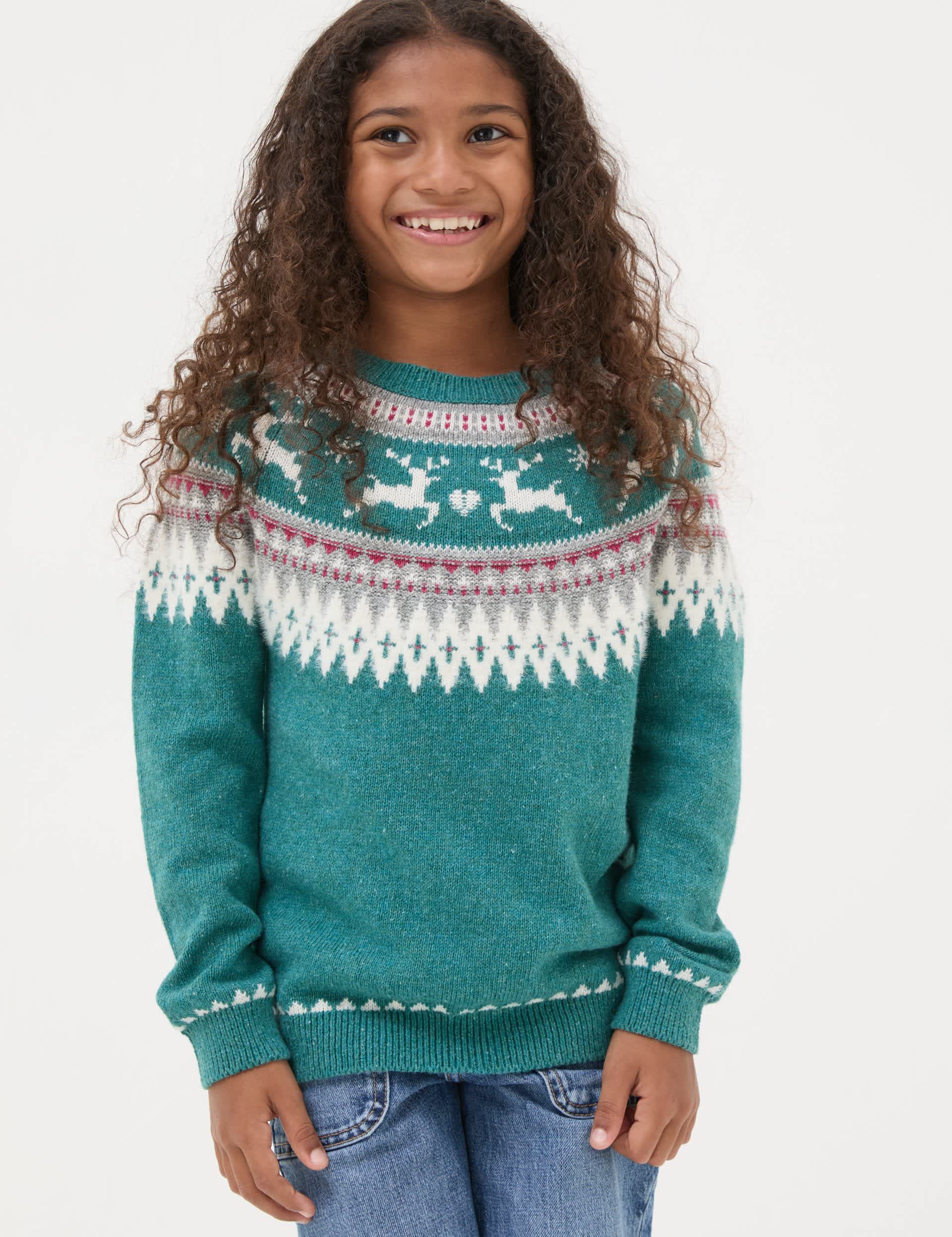 Fatface Girls Cotton Rich Reindeer Fair Isle Jumper (3-13 Yrs) - 12-13 - Green Mix, Green Mix