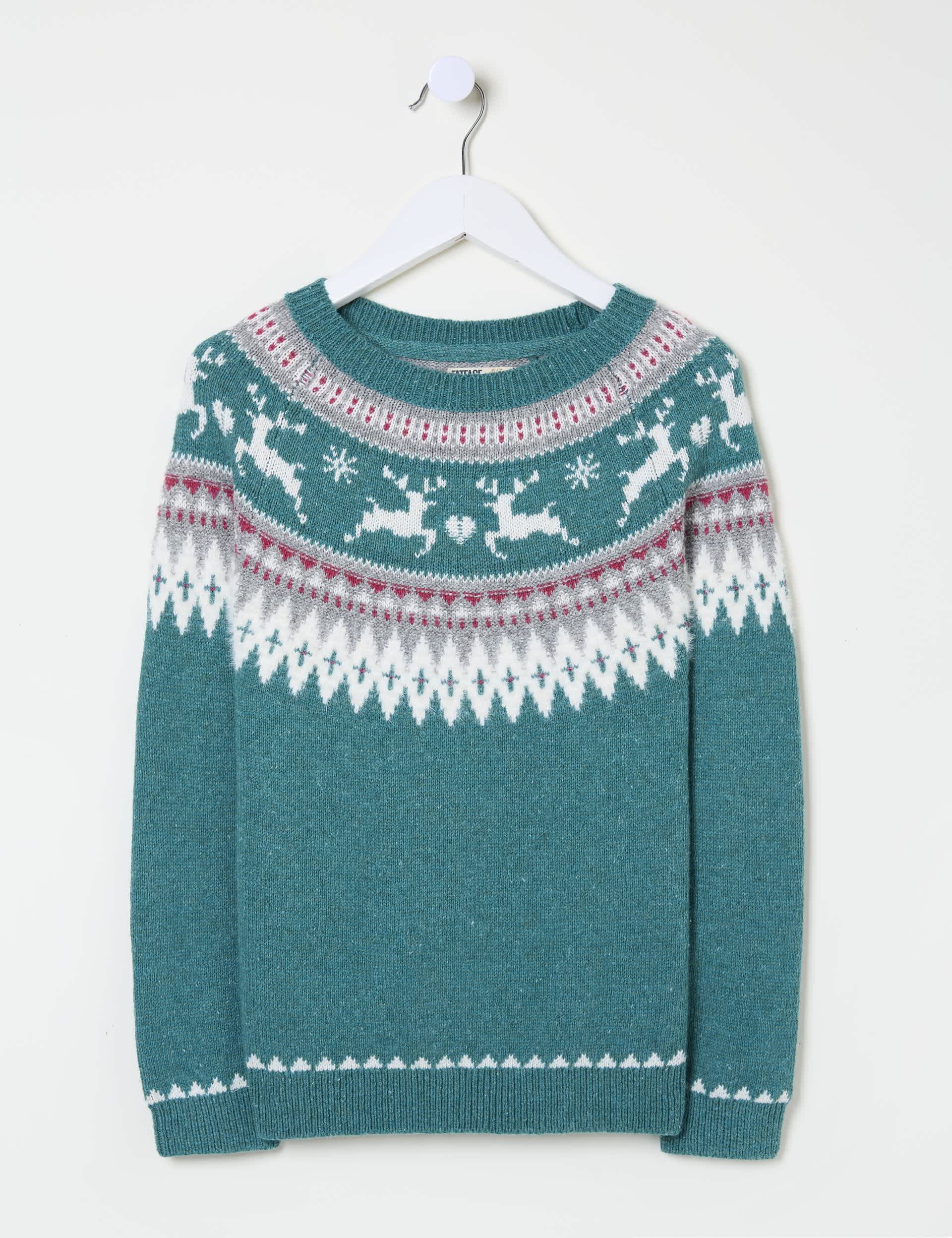 Fatface Girls Cotton Rich Reindeer Fair Isle Jumper (3-13 Yrs) - 11-12 - Green Mix, Green Mix