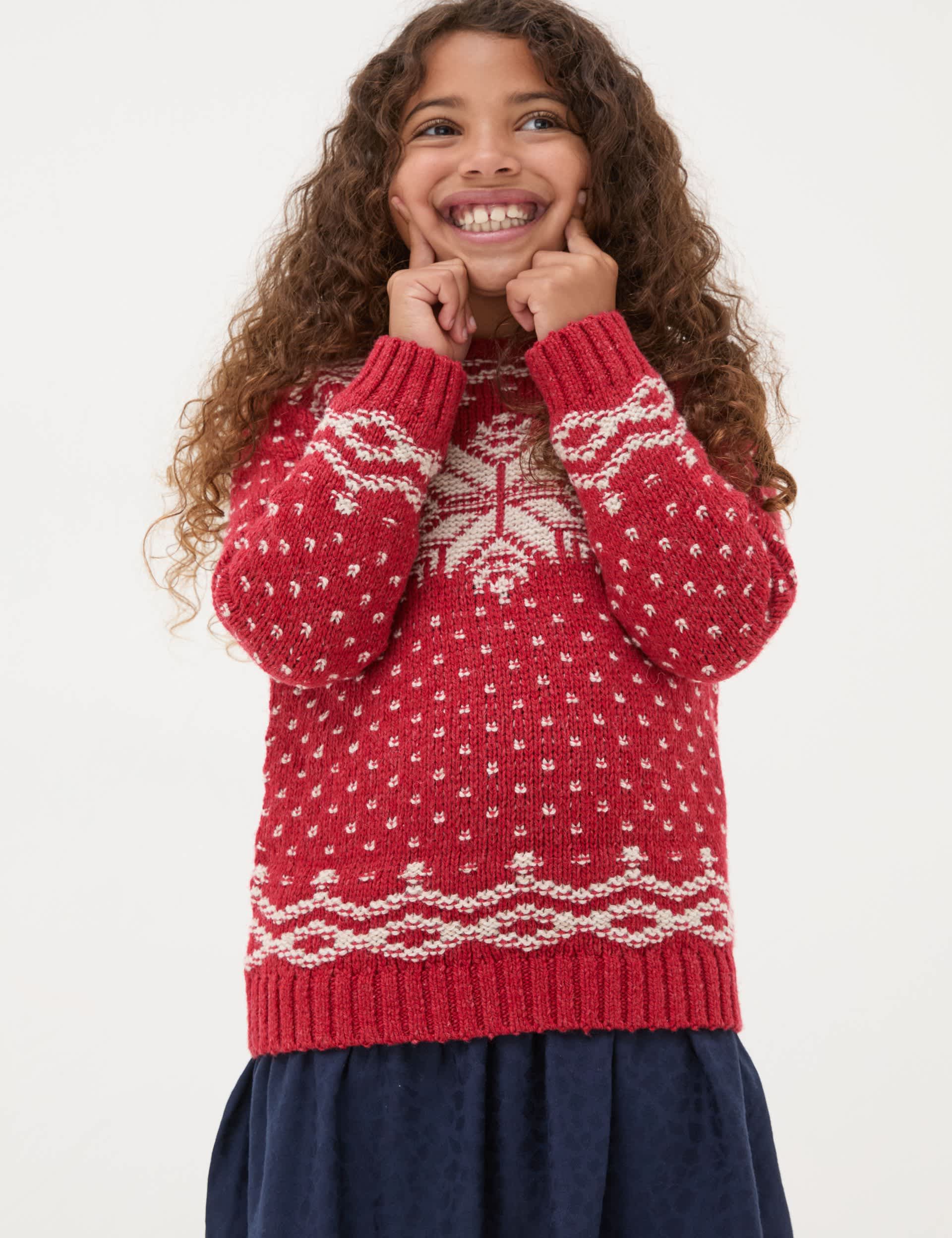 Fatface Girls Wool Blend Snowflake Jumper (3-13 Yrs) - 9-10Y - Red Mix, Red Mix