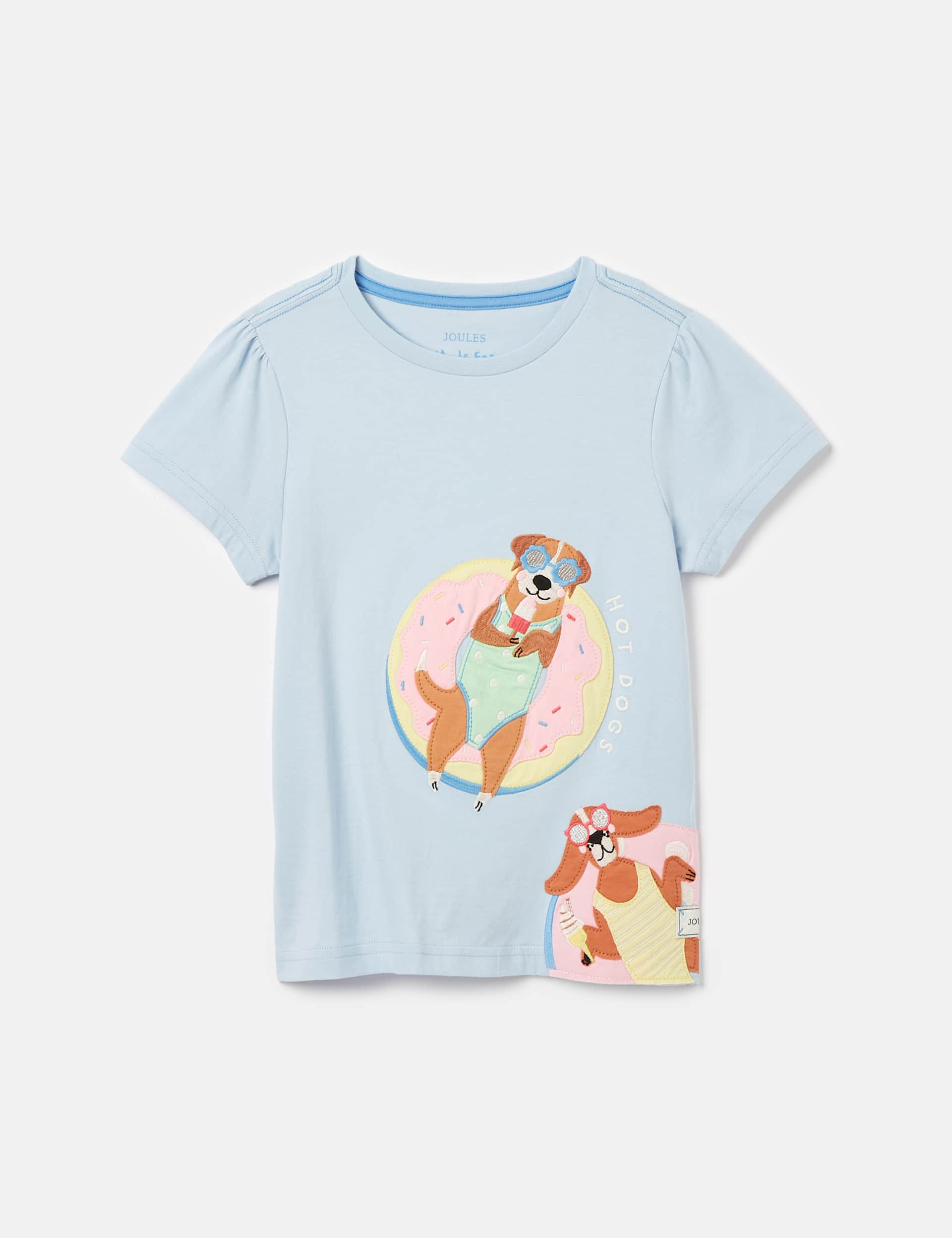 Joules Girls Pure Cotton Dog Applique T-Shirt (2-8 Yrs) - 7y - Light Blue, Light Blue