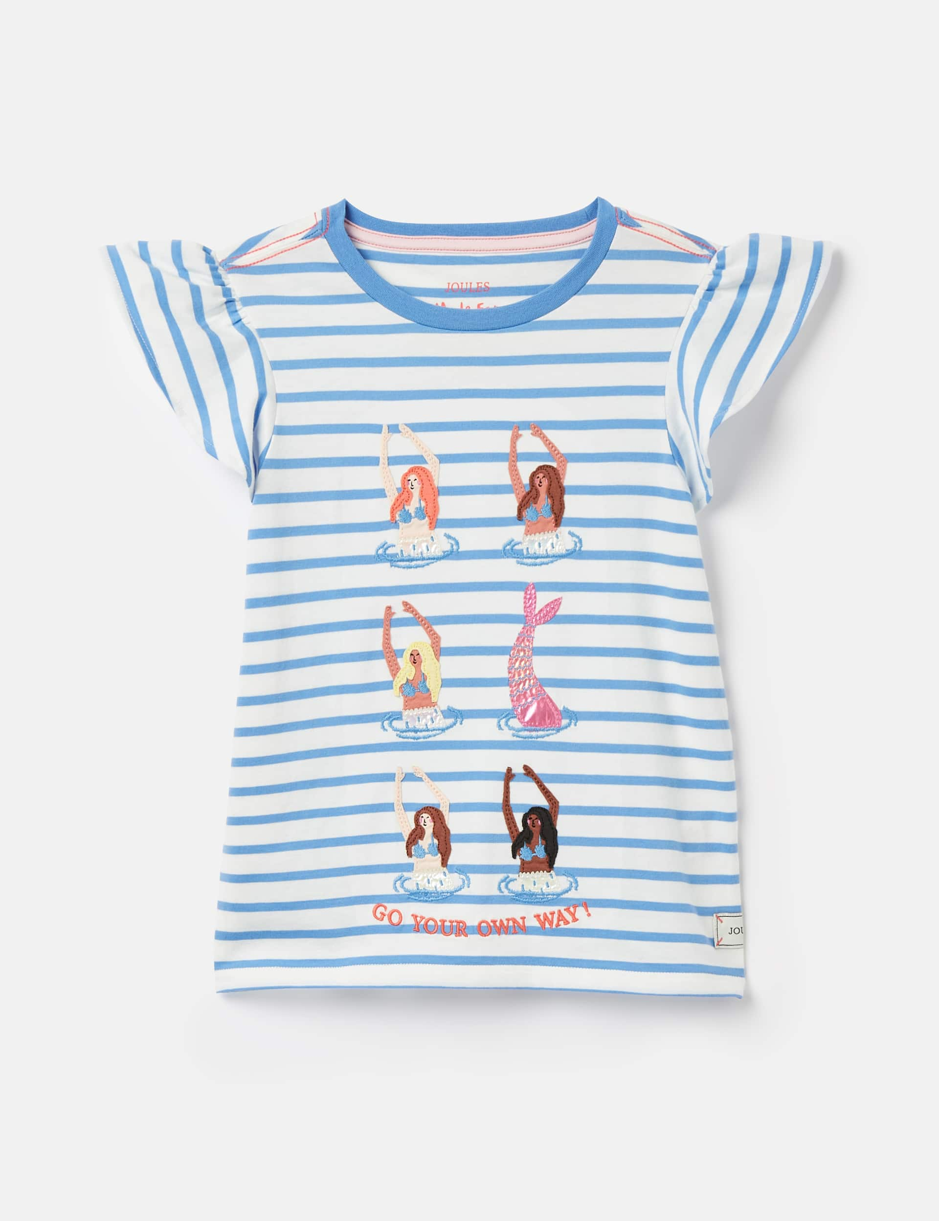 Joules Girls Pure Cotton Striped Mermaid T-Shirt (2-8 Yrs) - 5y - Blue, Blue