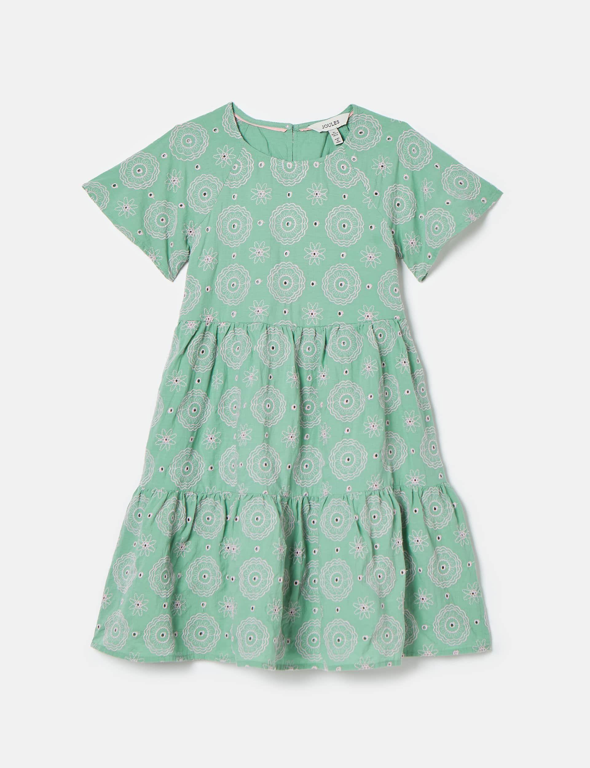 Joules Girls Pure Cotton Embroidered Tiered Dress (2-12 Yrs) - 8y - Green Mix, Green Mix