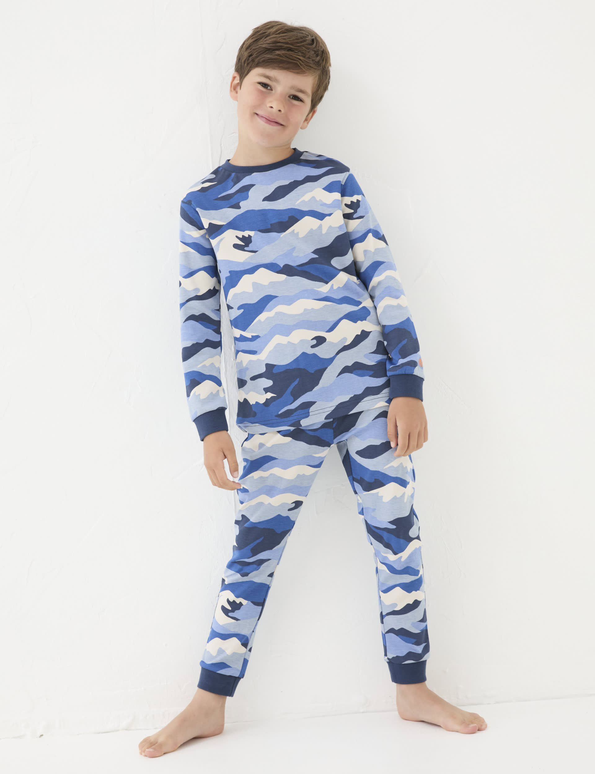 Fatface Pure Cotton Mountain Print Pyjama Set (3-13 Yrs) - 3-4 Y - Navy Mix, Navy Mix