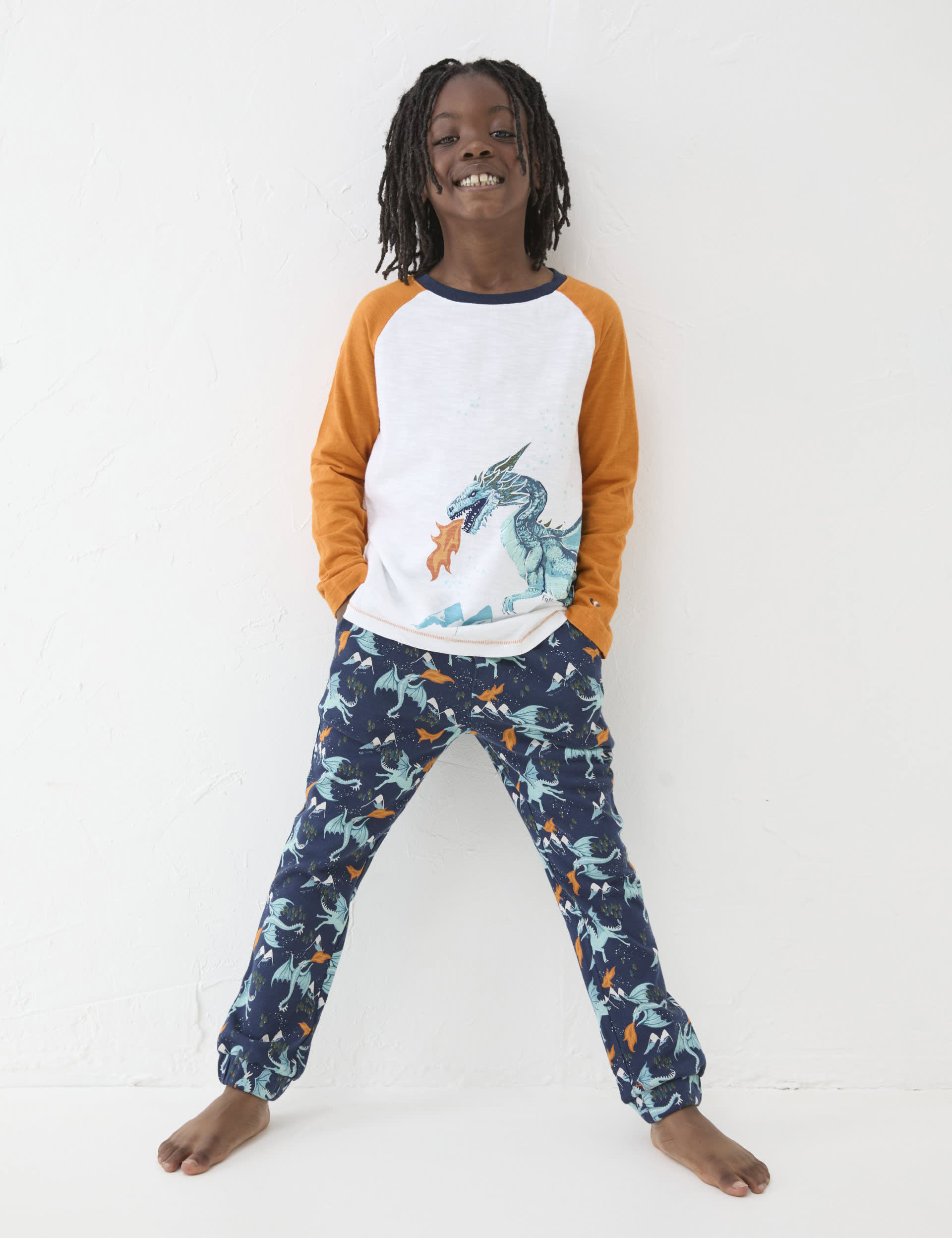 Fatface Boys Pure Cotton Ice Dragon Pyjama Set (3-13 Yrs) - 8-9 Y - Blue Mix, Blue Mix