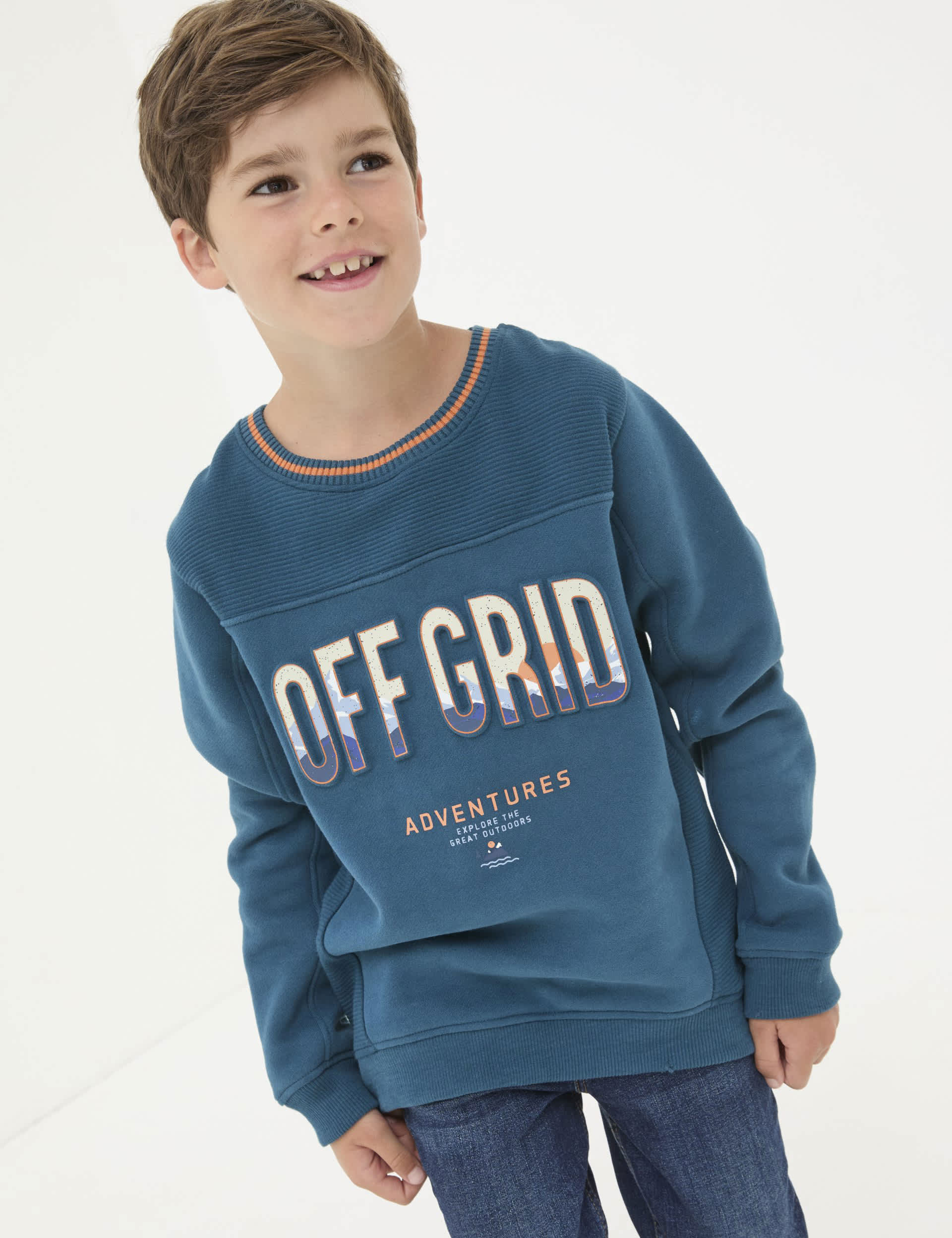 Fatface Boys Cotton Rich Off Grid Graphic Sweatshirt (3-13 Yrs) - 8-9 Y - Blue Mix, Blue Mix