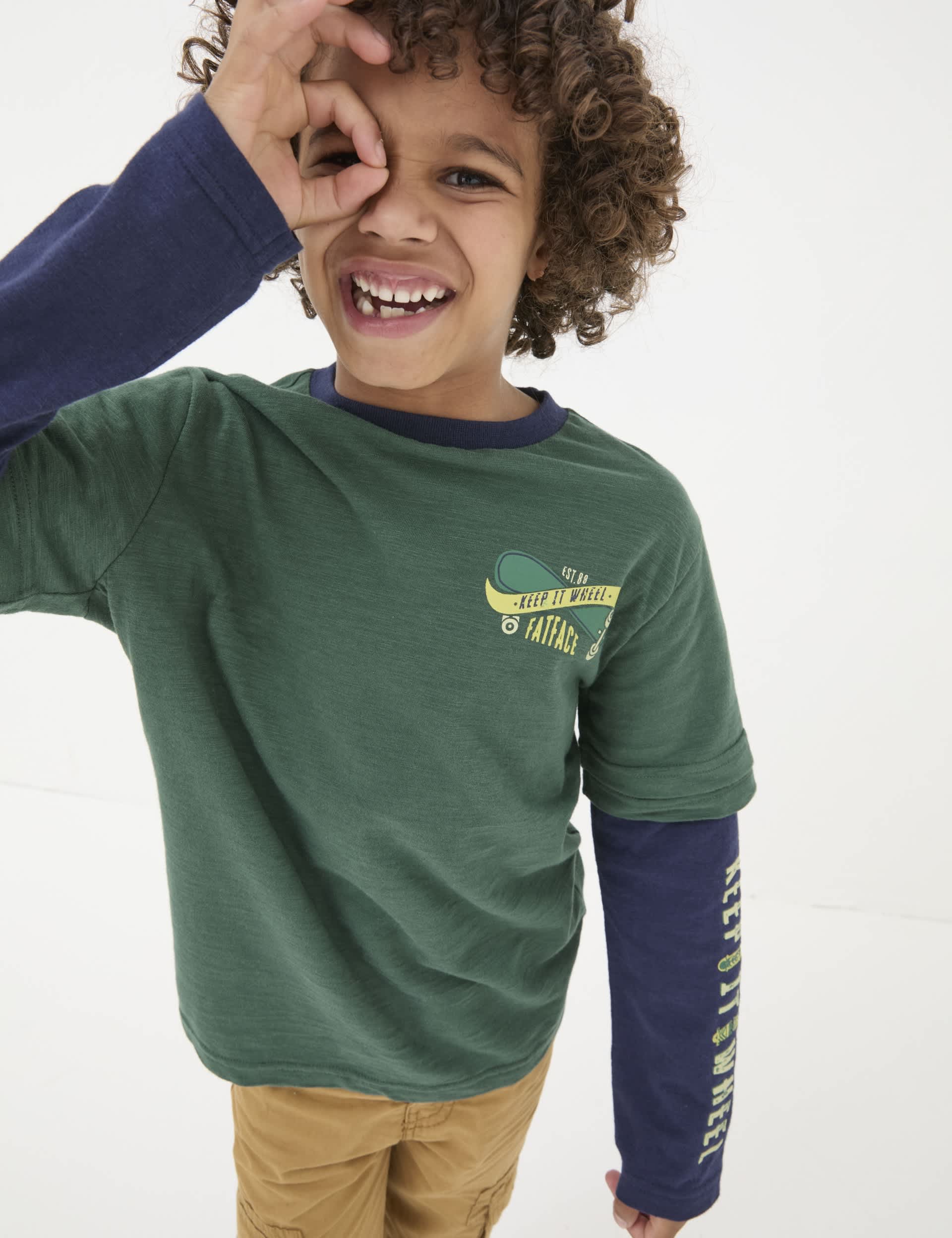 Fatface Boys Pure Cotton Skateboard T-Shirt (3-13 Yrs) - 4-5 Y - Green Mix, Green Mix