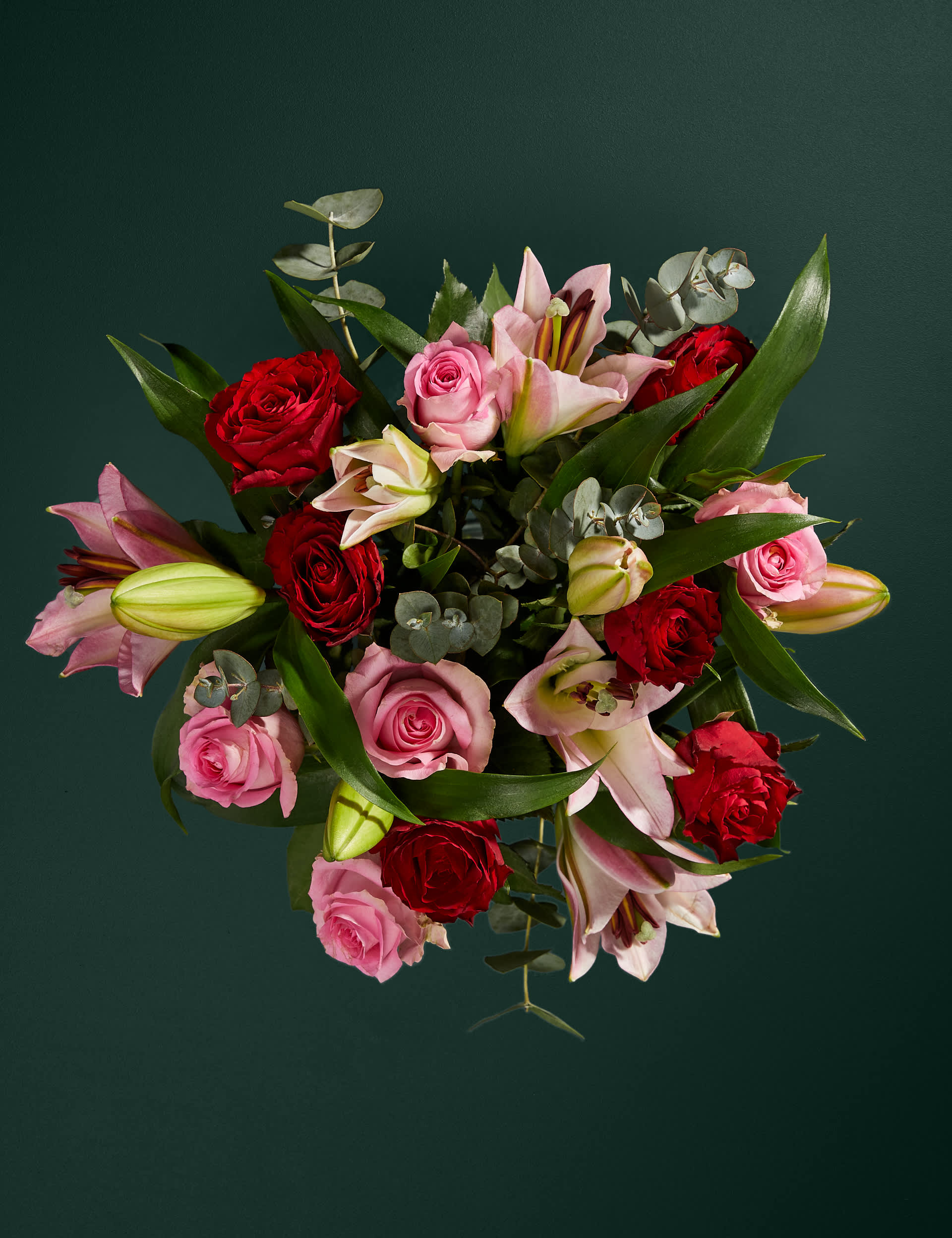 M&S Red & Pink Rose, Lily & Eucalyptus Bouquet