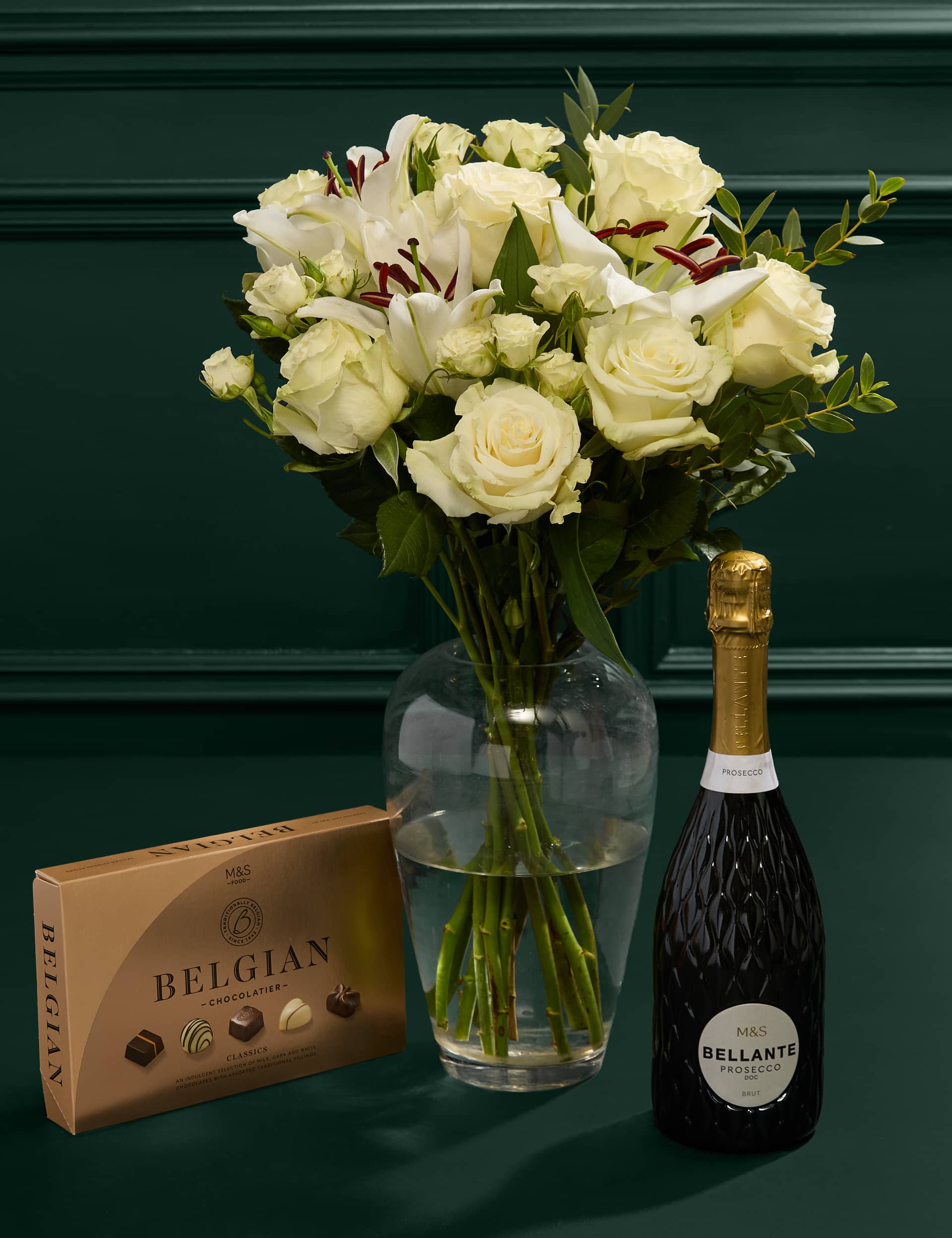 M&S White Rose & Lily Bouquet with Belgian Classics & Bellante Prosecco