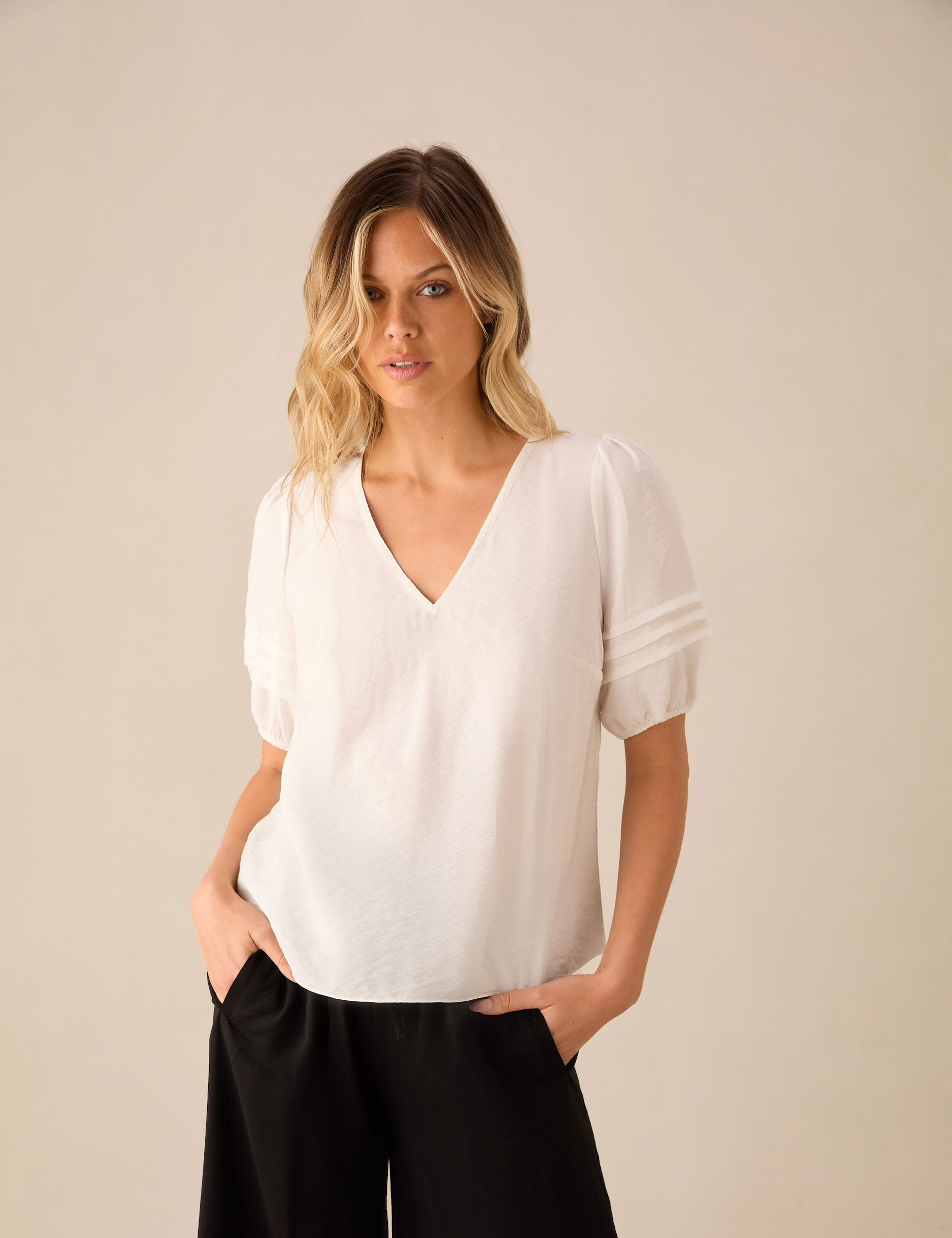 V-Neck Pleat Detail Puff Sleeve Top | RO&ZO | M&S