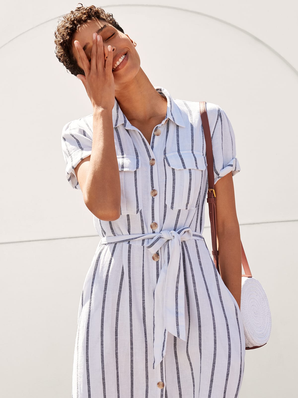 Linen, striped, midi shirt dress