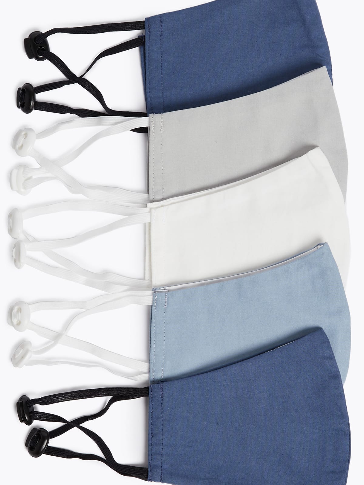 Plain blue, grey and white face coverings for children