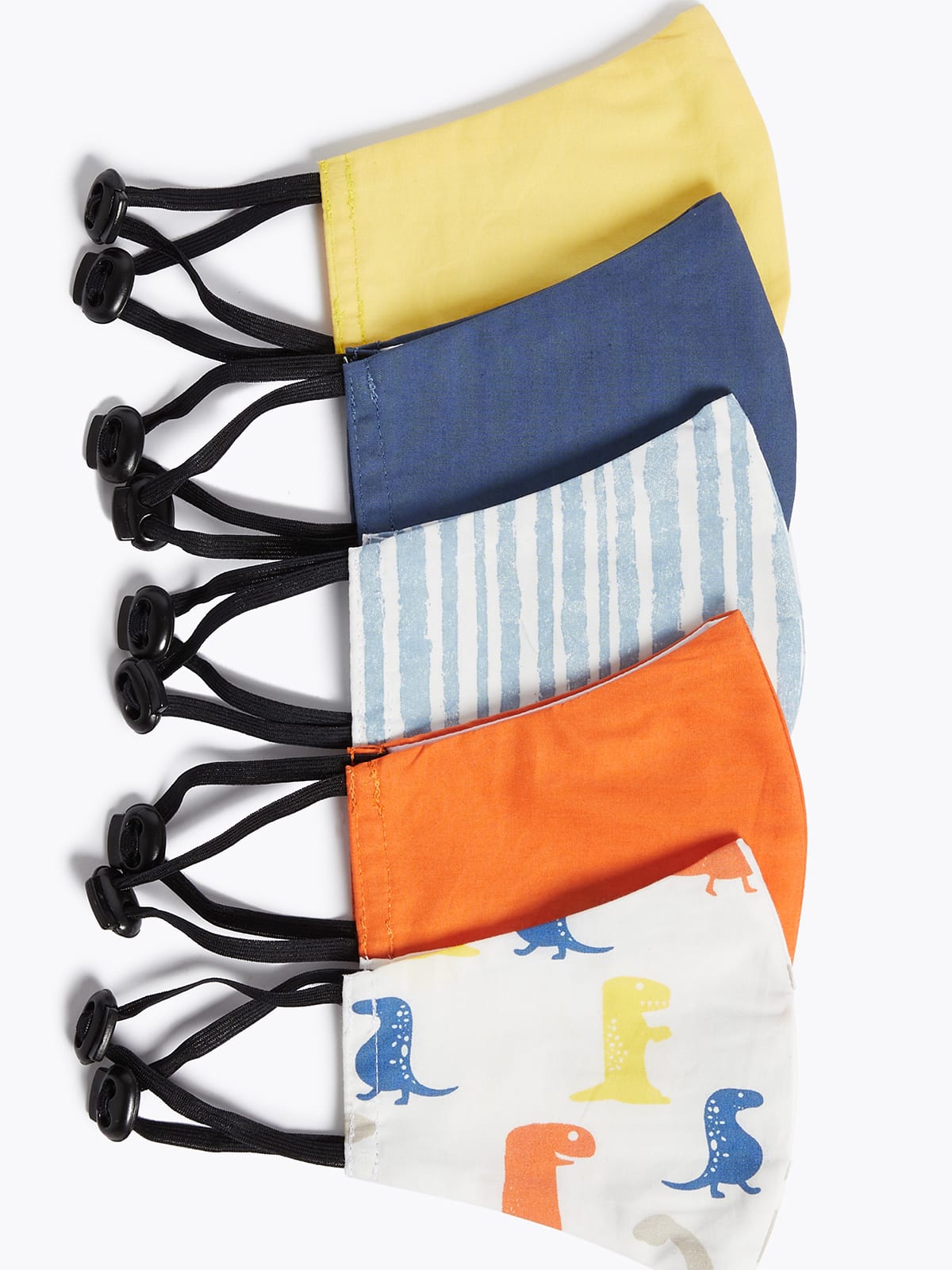 A selection of brightly coloured plain and patterned face coverings for children