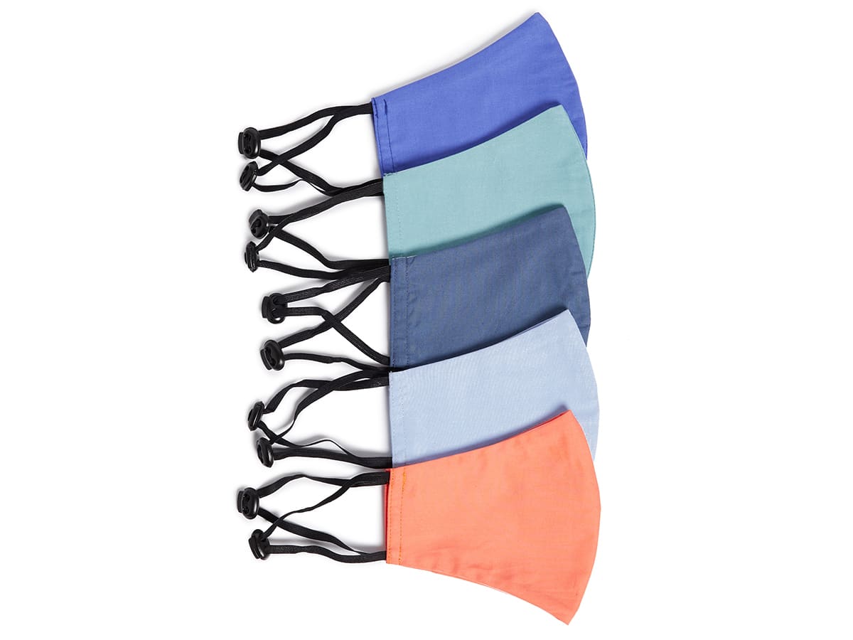 A selection of orange, blue and green face coverings