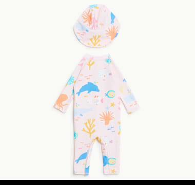 Full-length sea life print swimsuit with matching hat. Shop baby swimwear.