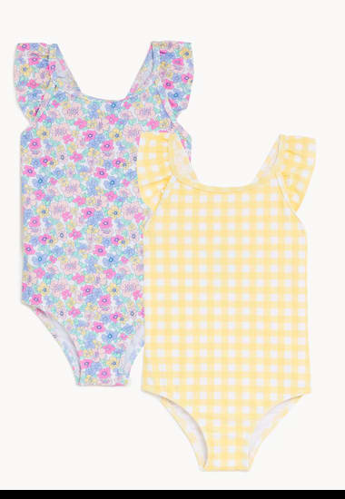 Yellow gingham and floral-print girls’ swimsuit multipack. Shop now.