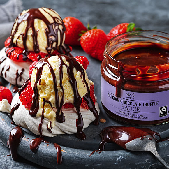 Summer meringues with ice-cream and choc truffle sauce