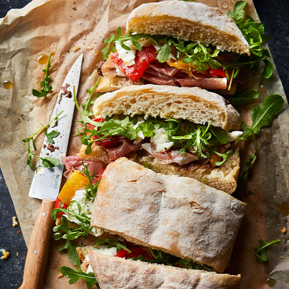 Epic Mediterranean-style ciabatta sandwich