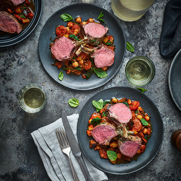 Jean-Christophe's lamb rack with chickpea, aubergine and chorizo stew
