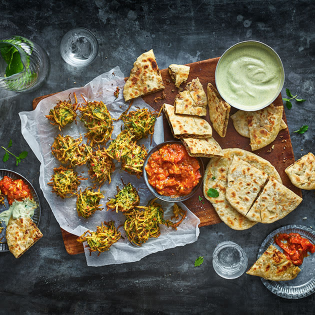 Rosemary Shrager's lamb-stuffed paratha with mint yoghurt, pakoras and spicy tomato sauce 