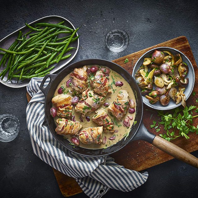 Rosemary Shrager's chicken wrapped in bacon with bramble liqueur, shallots nad mushrooms 