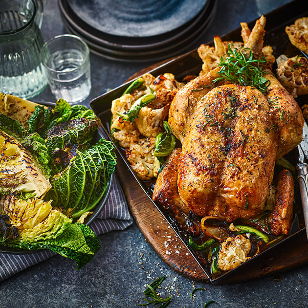 Tom Kerridge's herby roast chicken and cauliflower with charred savoy cabbage