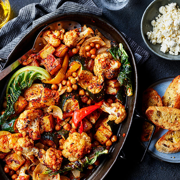 One-tray spiced veggie and chickpea bake 