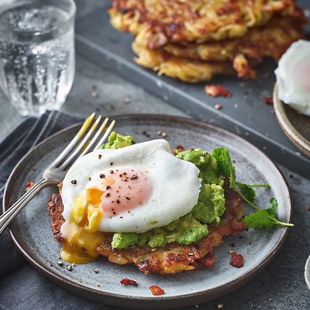 Crispy bacon potato cakes with perfect poached eggs