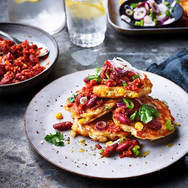 Sweetcorn fritters and smoky beans