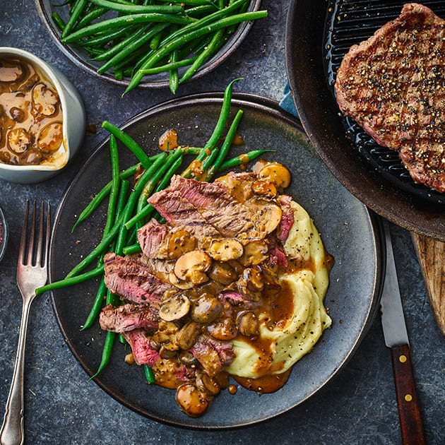 Tom Kerridge's sirloin steaks with brandy and mushroom sauce