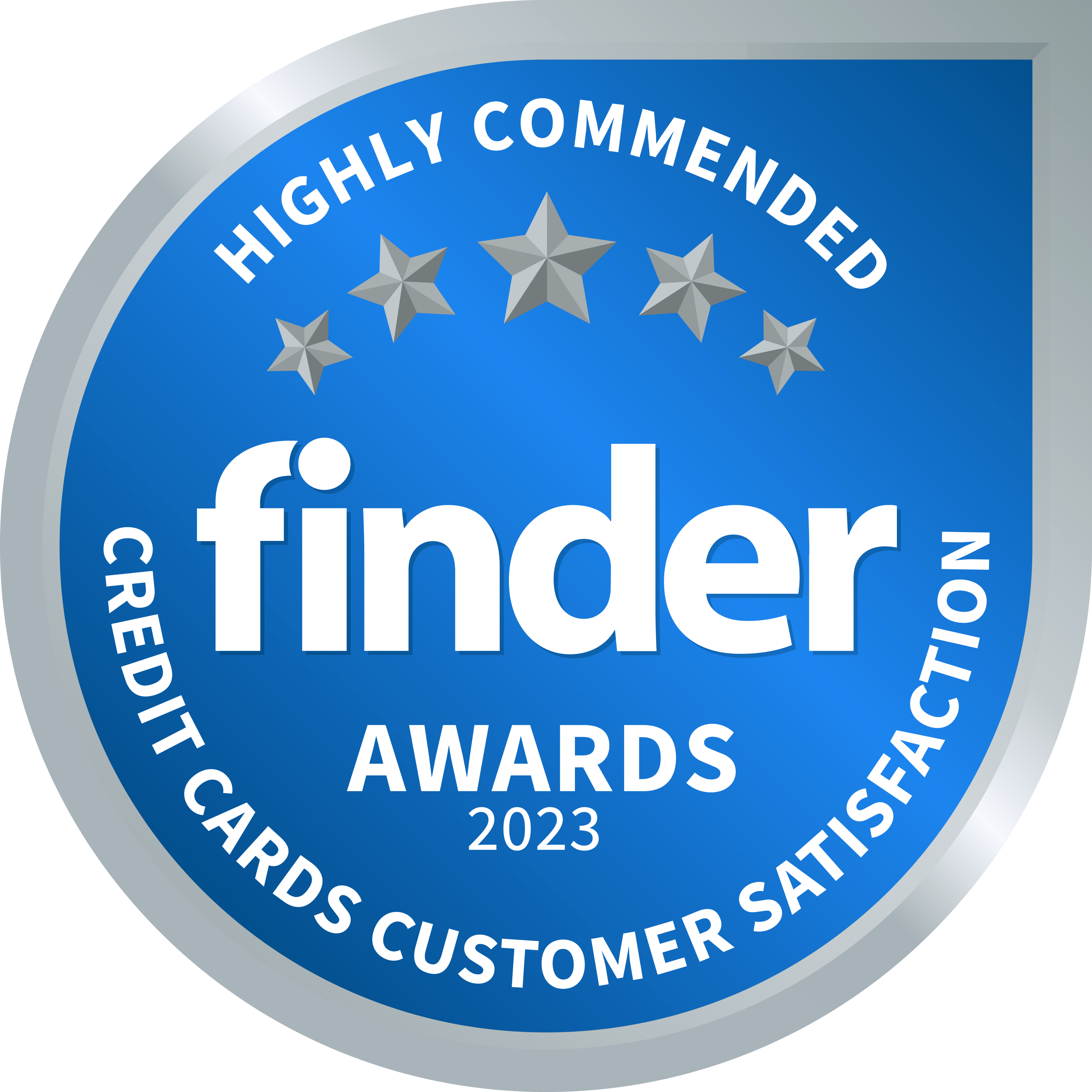 Badge reading Finder Awards 2023 Highly commended Credit Cards Customer Satisfaction