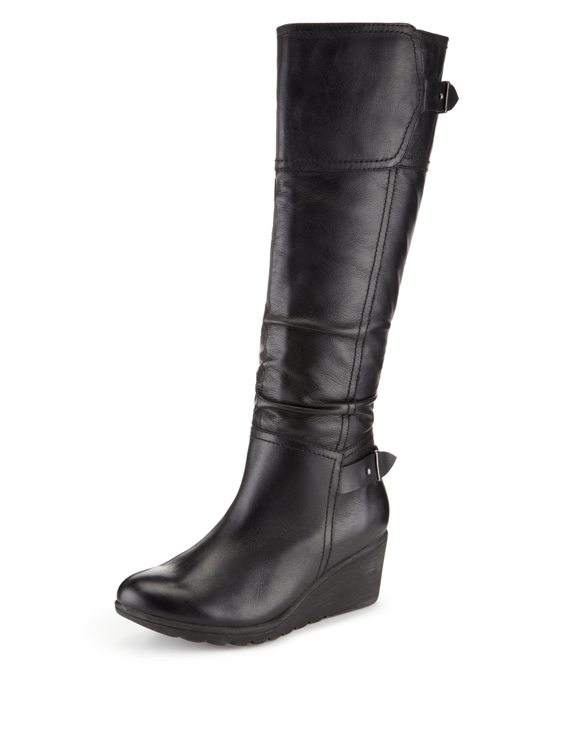 Black leather wedge boots knee high hotsell