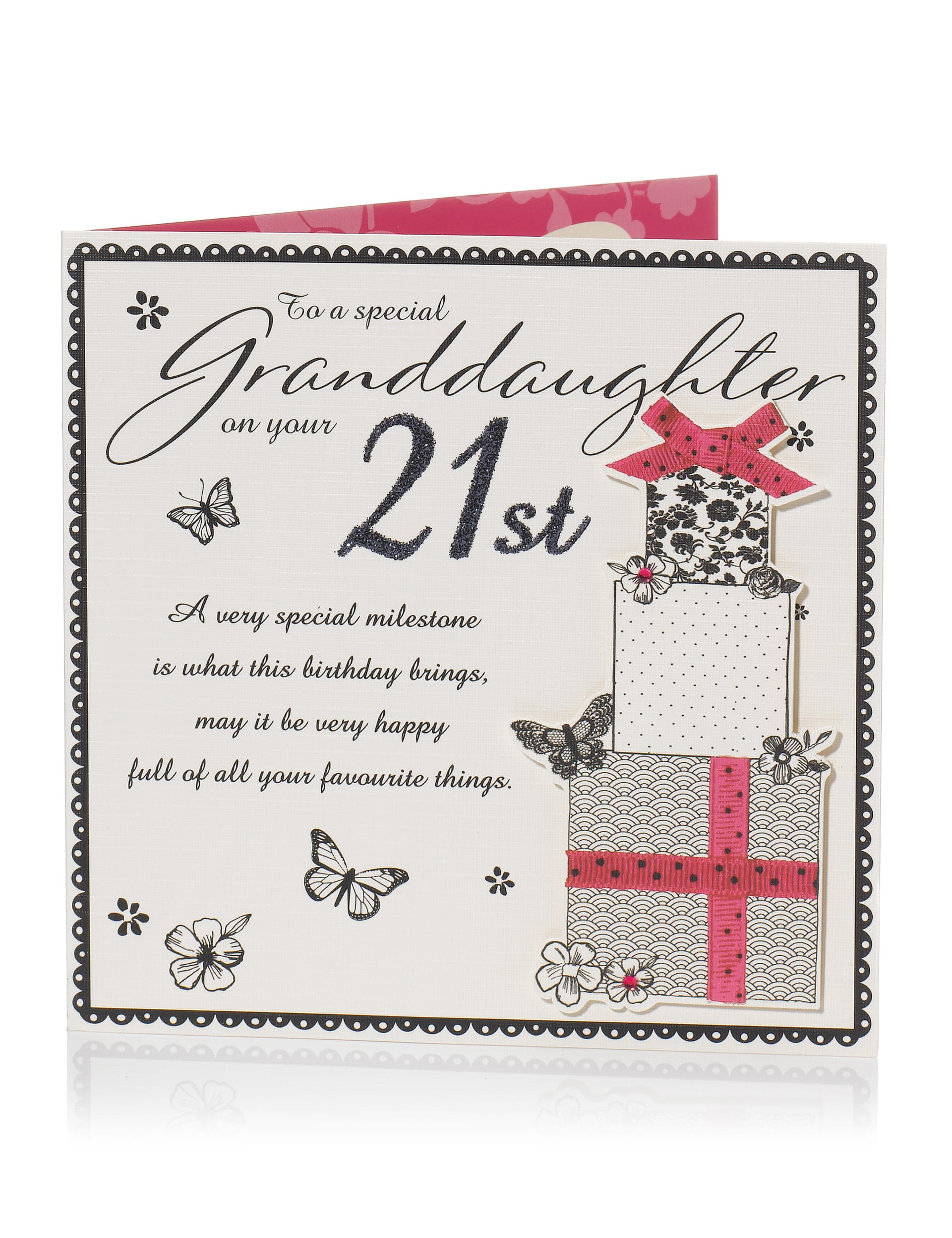 Black & White Presents 21st Granddaughter Birthday Card Image 1 of 2