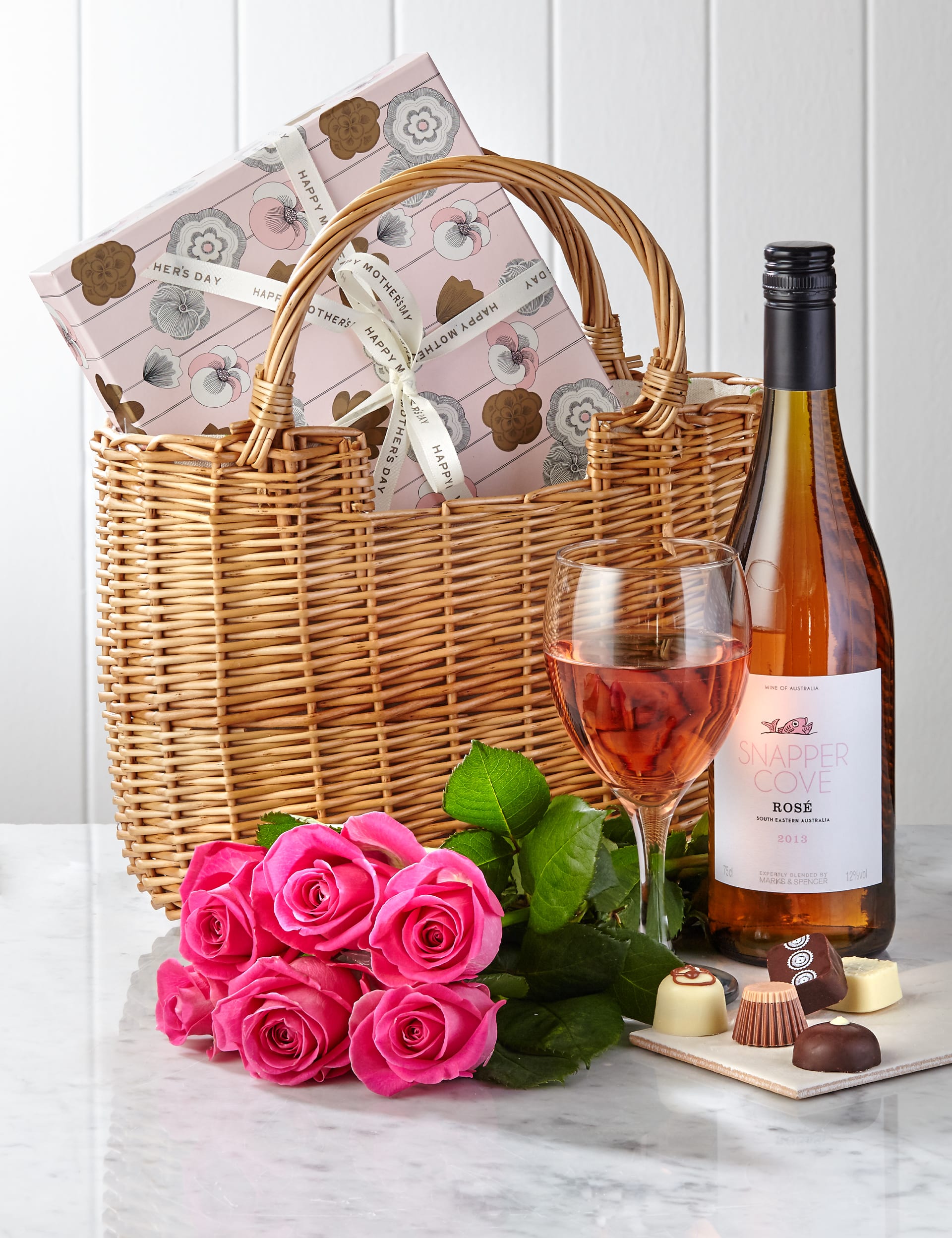 Mother's Day Basket with Chocolates, Rosé Wine & 6 Roses Image 2 of 3