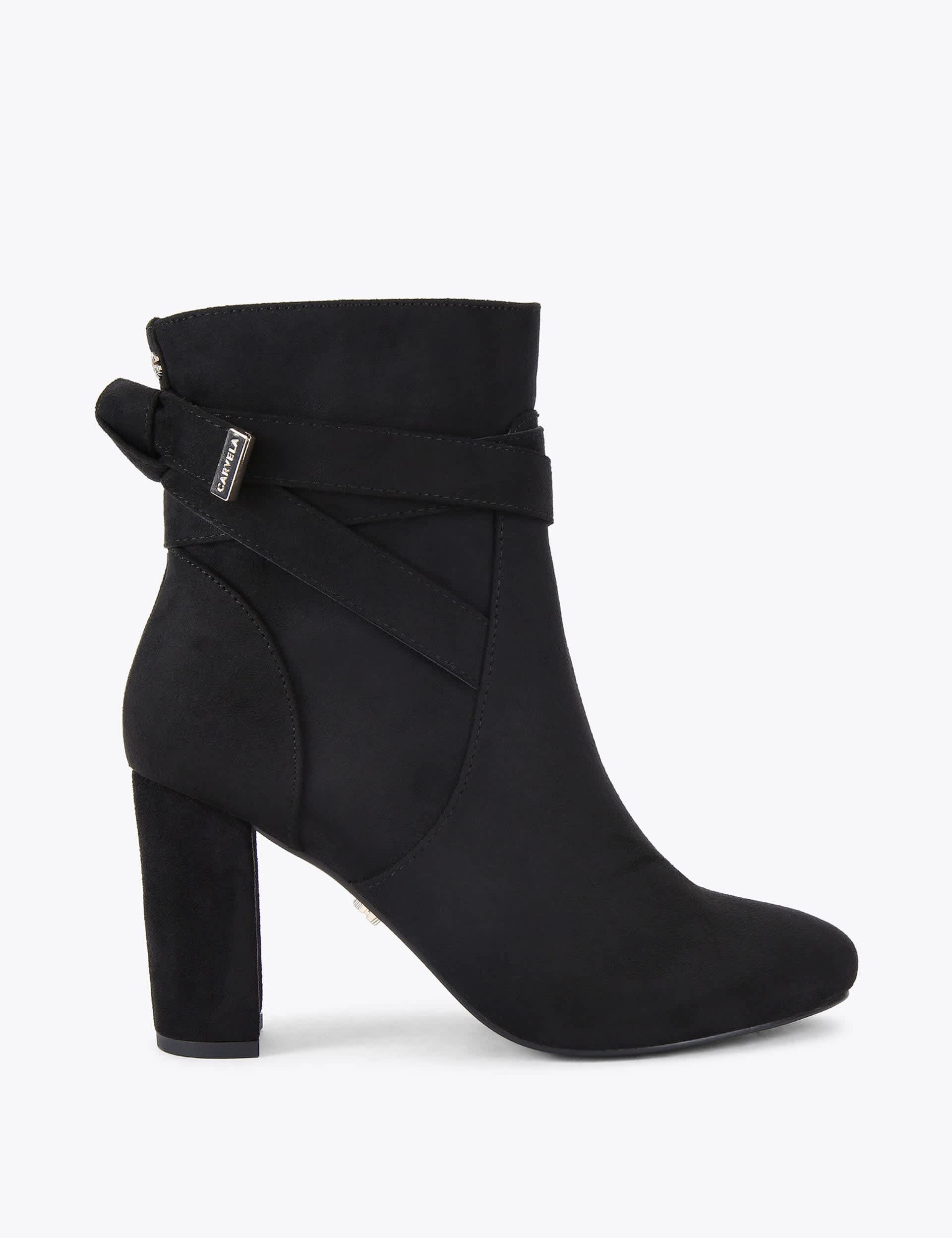 Wide Fit Bow Strap Block Heel Ankle Boots