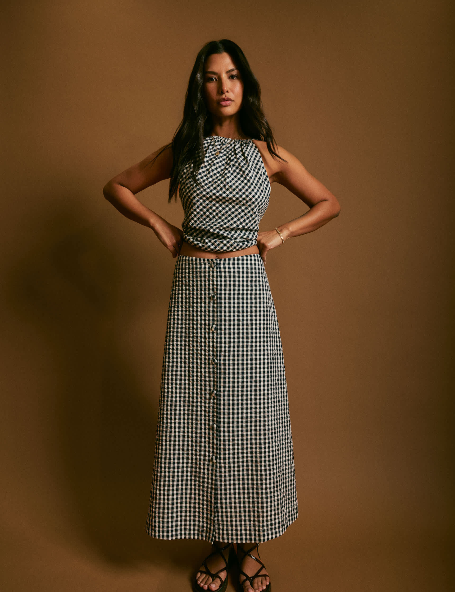 Gingham Button Front Midi A-Line Skirt