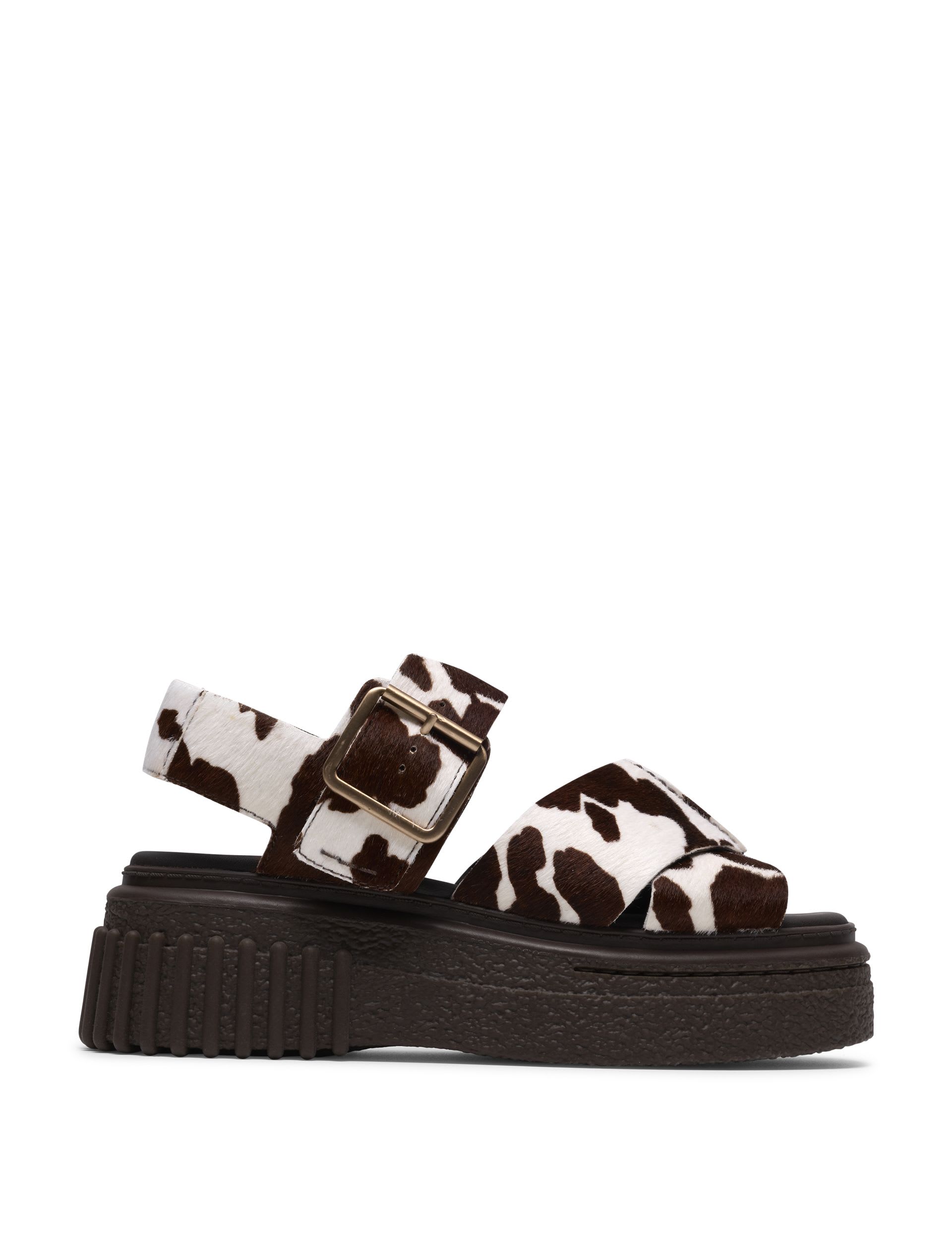 Leather Cow Print Ankle Strap Platform Sandals