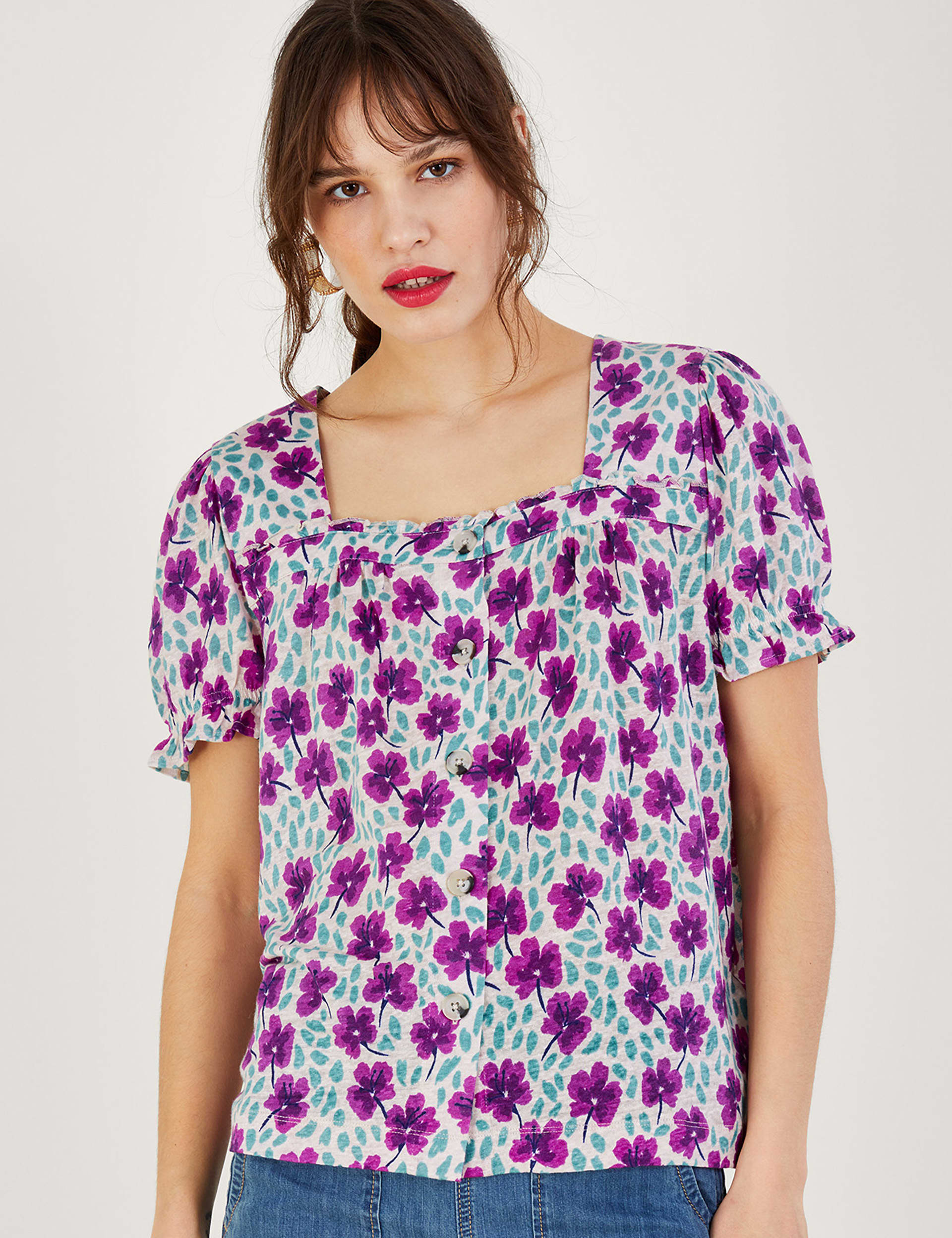 Pure Linen Floral Square Neck Top | Monsoon | M&S