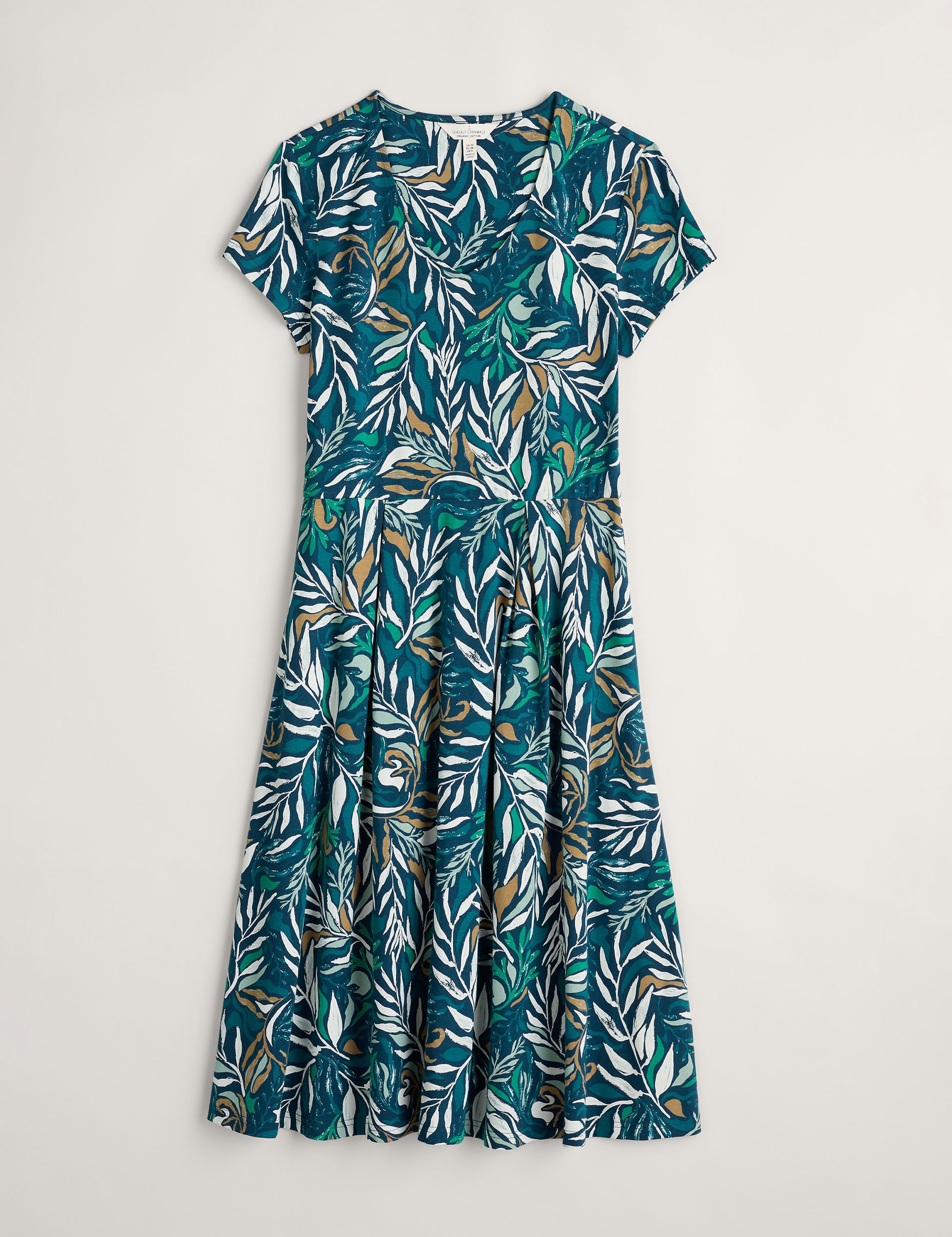 Cotton Rich Leaf Print V-Neck Waisted Dress