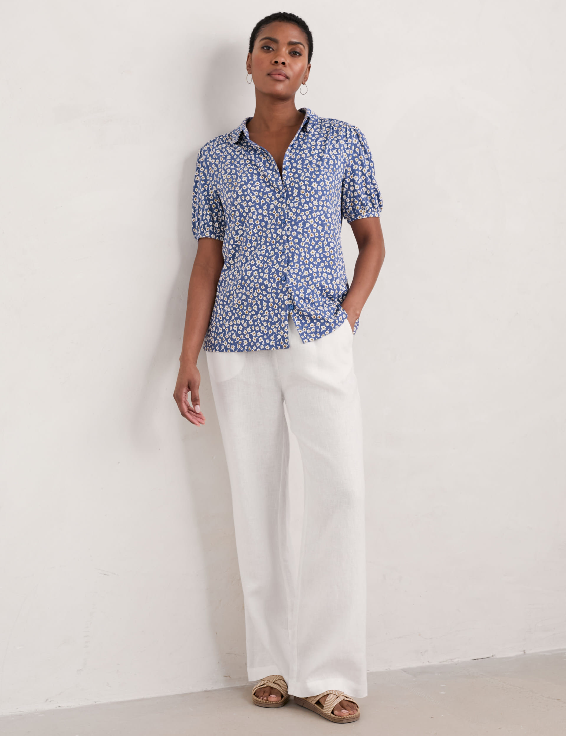 Cambric Digital Print Puff Sleeve Shirt With Coral Pleated Fit Trouser