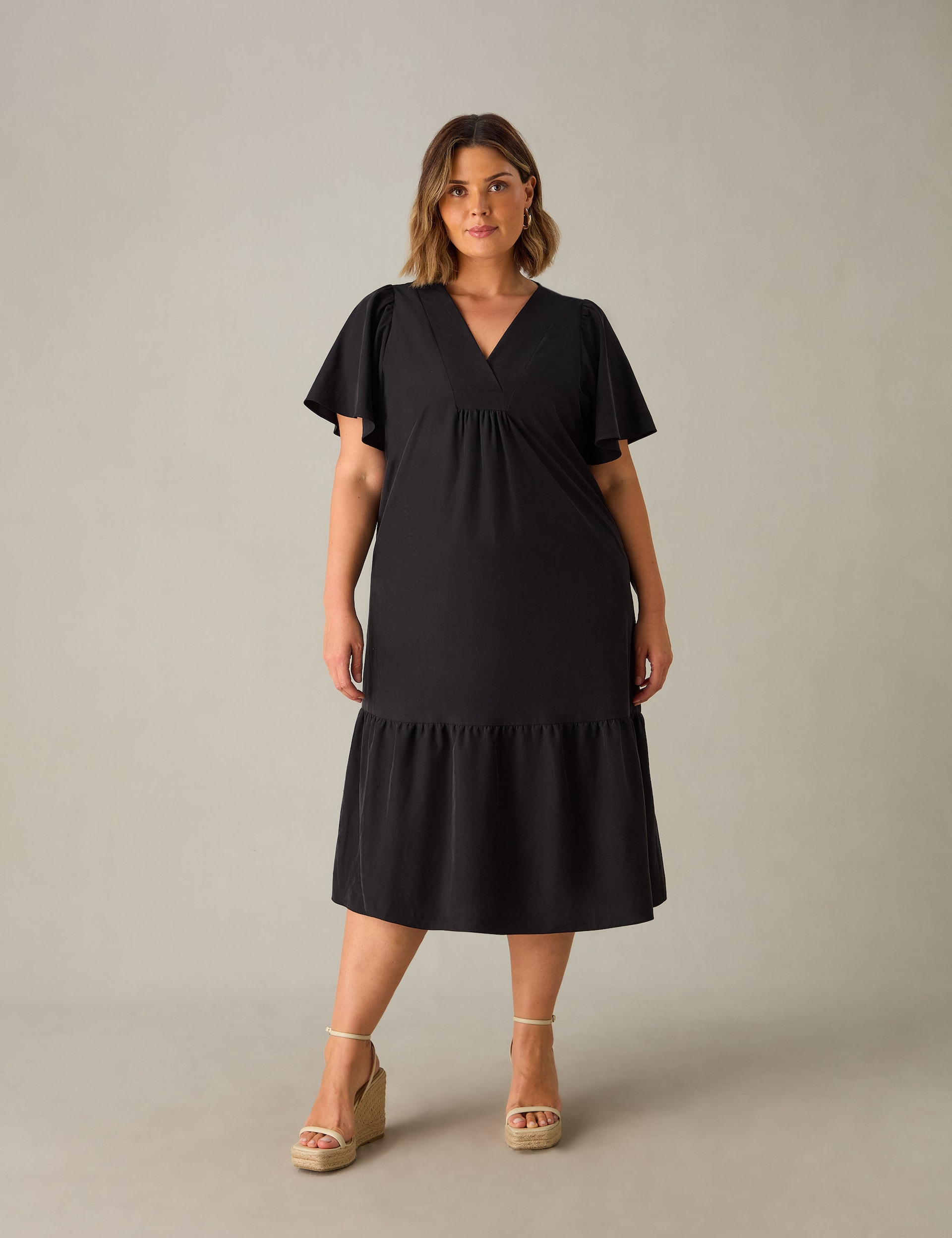 V-Neck Angel Sleeve Midi Tiered Dress | Live Unlimited London | M&S image.