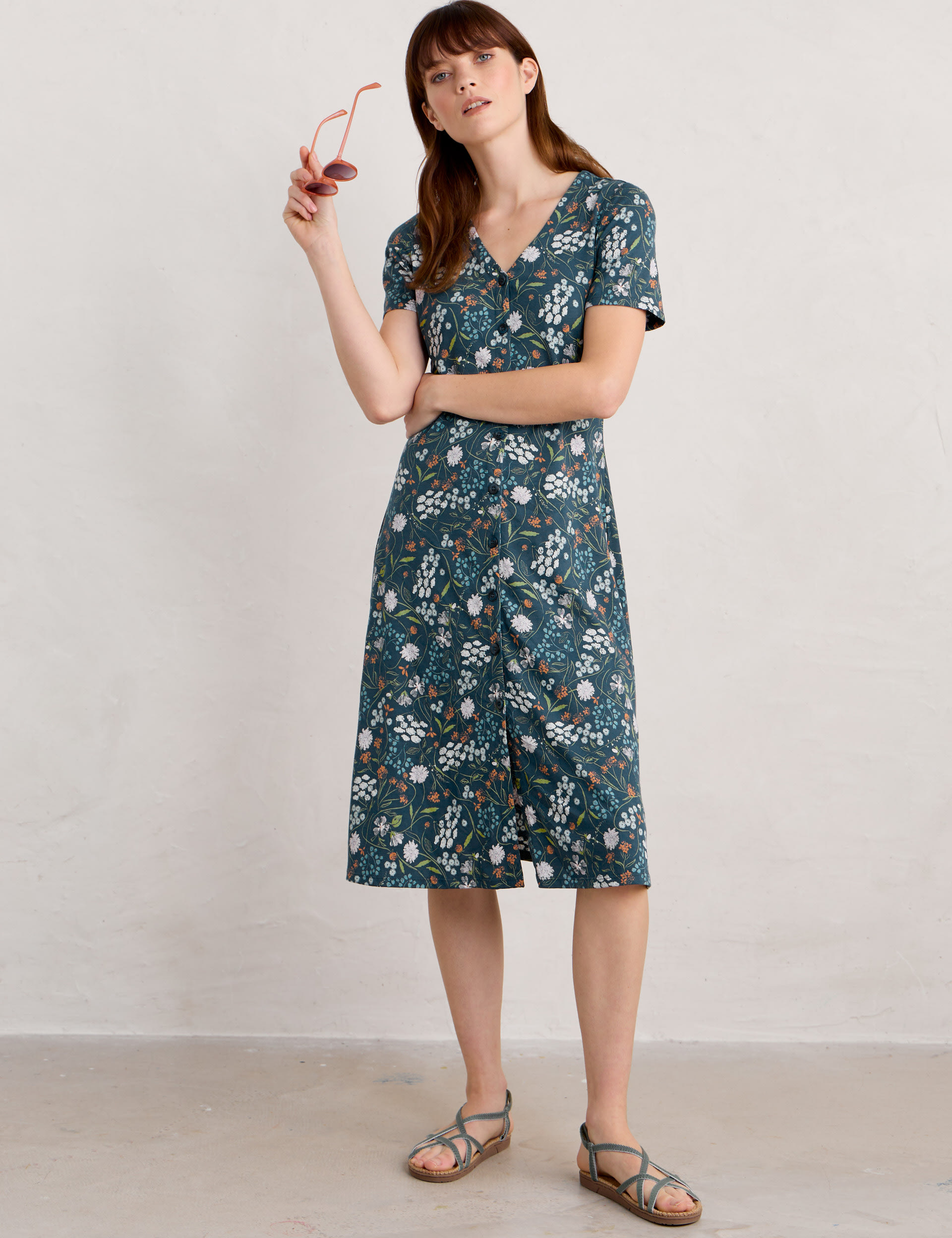 Cotton Rich Floral V-Neck Midi Waisted Dress | Seasalt Cornwall | M&S