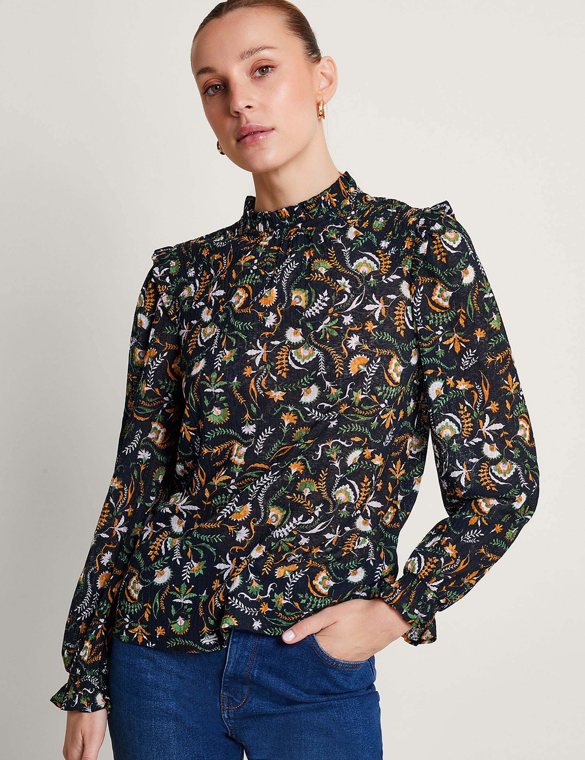Floral High Neck Frill Detail Blouse | Monsoon | M&S