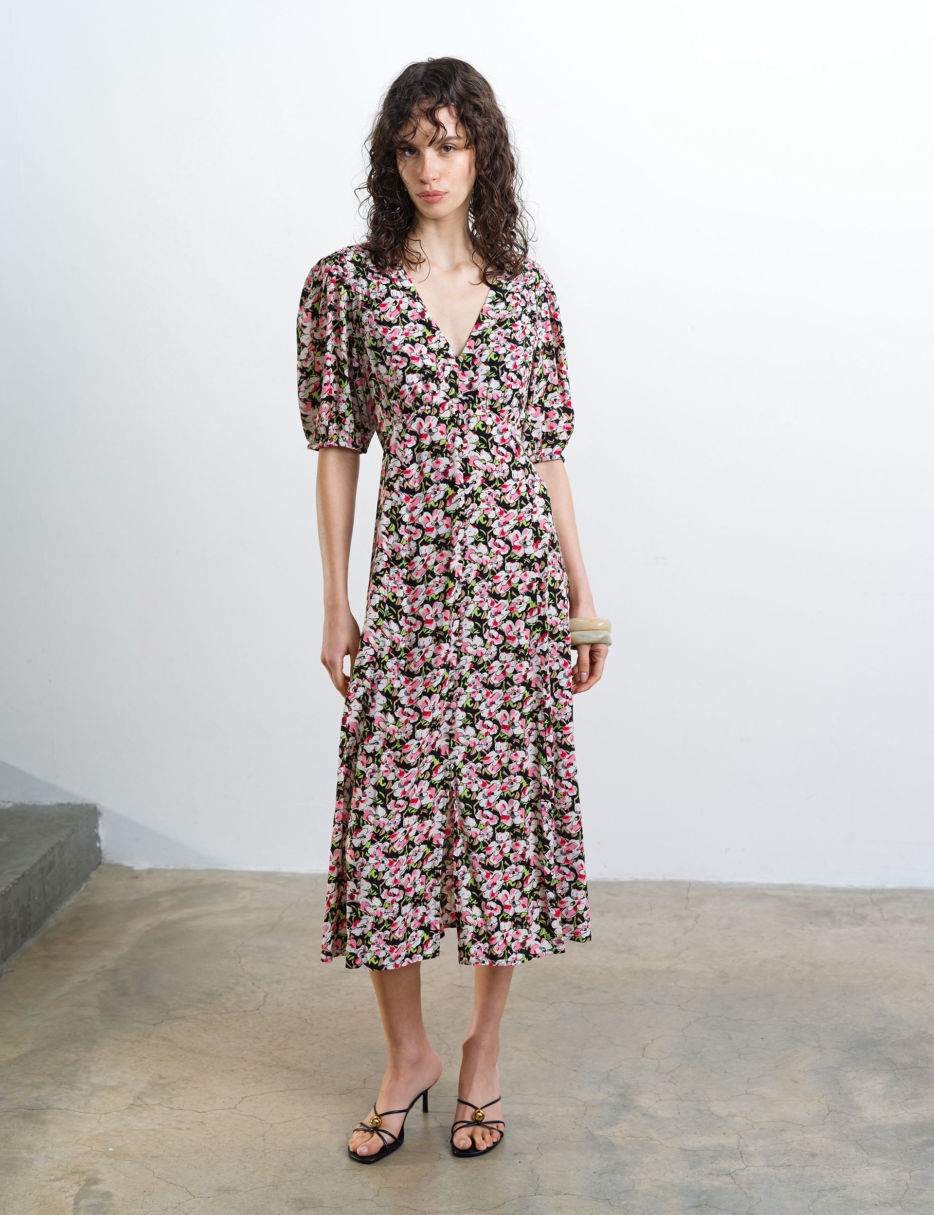 Floral V-Neck Puff Sleeve Midi Tea Dress | French Connection | M&S